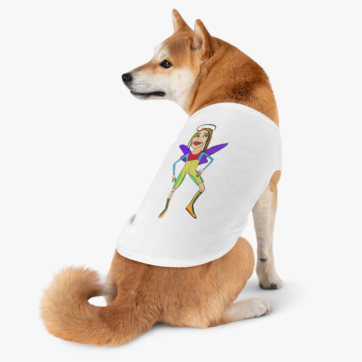 Dog wearing white fairy graphic pet T-shirt in side view