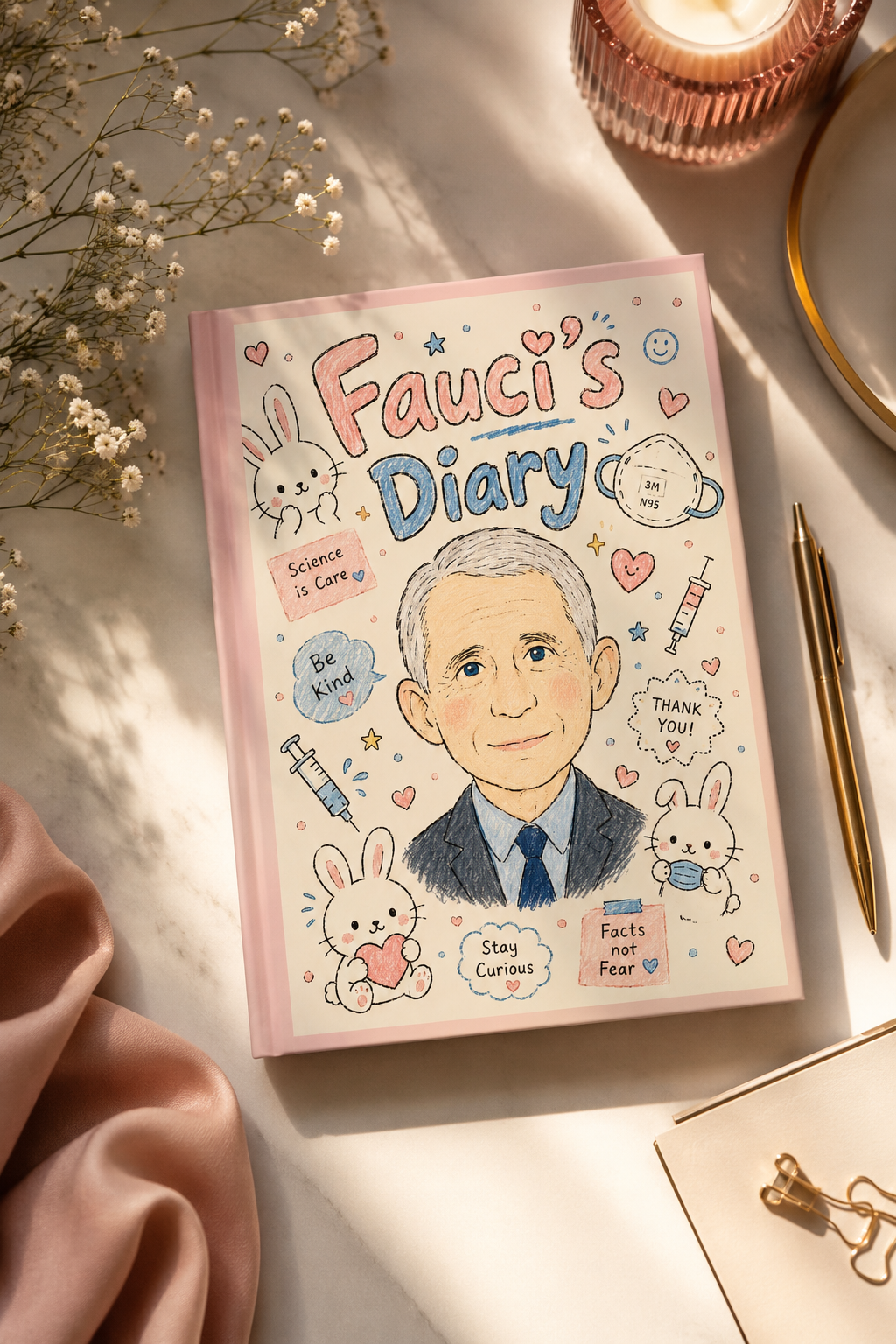 Close-up of Fauci’s Diary matte hardcover journal with pastel political satire artwork