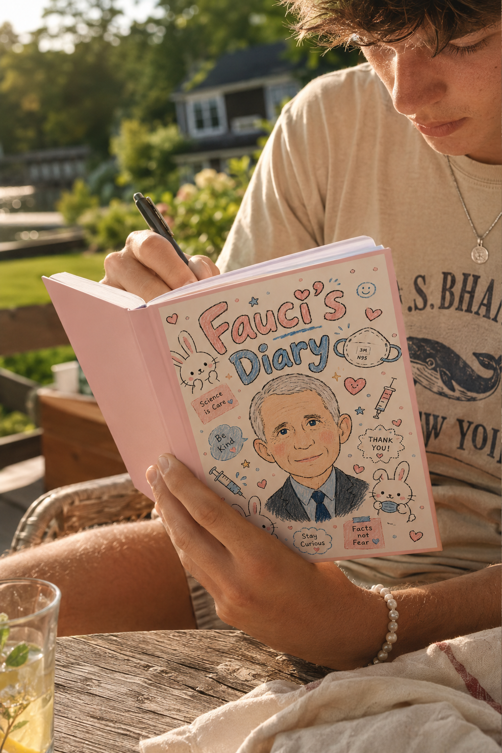 Man reading Fauci’s Diary political satire hardcover journal outdoors