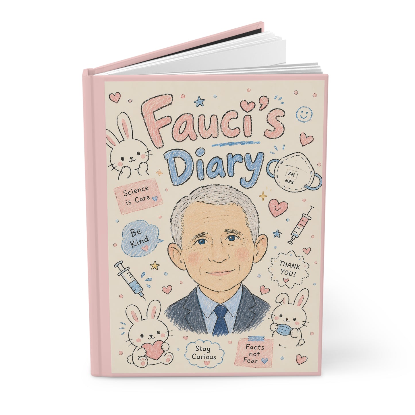 Angled view of Fauci’s Diary matte hardcover political satire journal