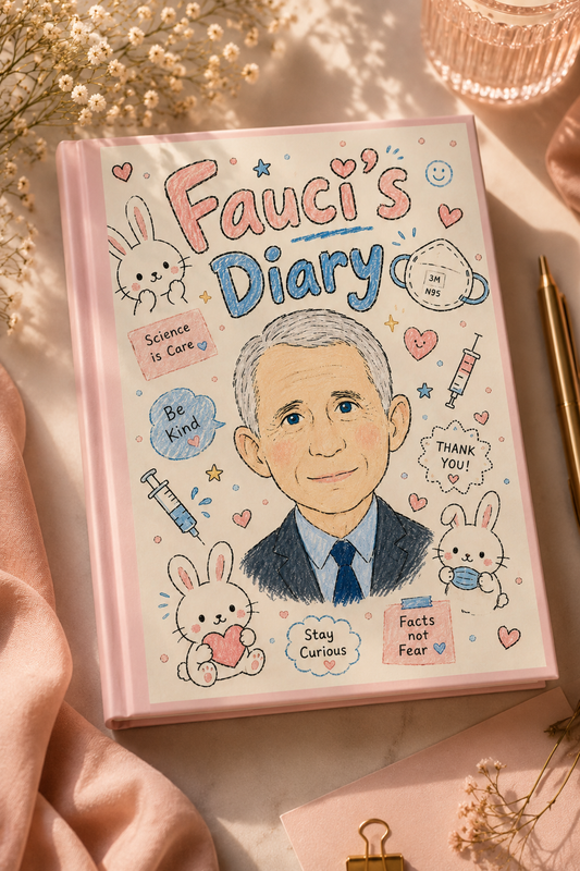 Fauci’s Diary political satire hardcover journal styled in a soft pink editorial flat lay