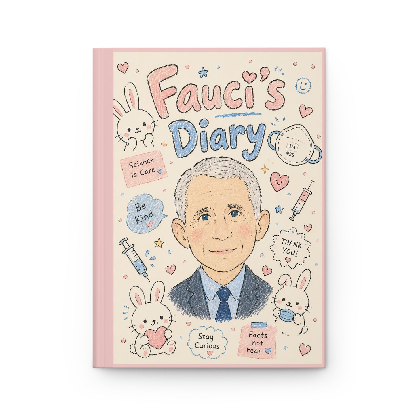 Front cover of Fauci’s Diary political satire hardcover journal with cartoon bunnies and medical doodles