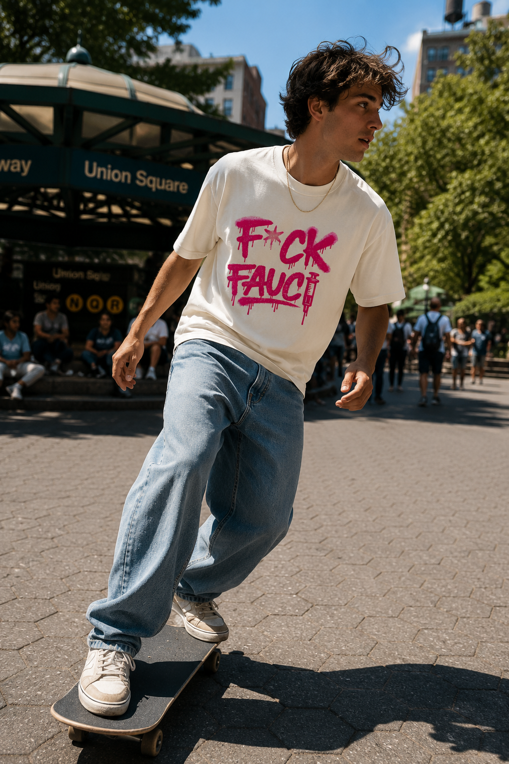 Gen Z man skateboarding through Union Square in a cream F*CK Fauci political graphic T-shirt