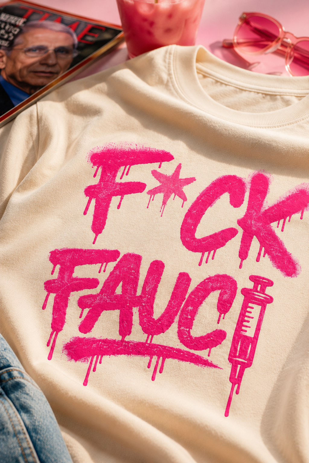 Close-up of cream F*CK Fauci T-shirt showing hot pink graffiti print, cotton texture and syringe detail
