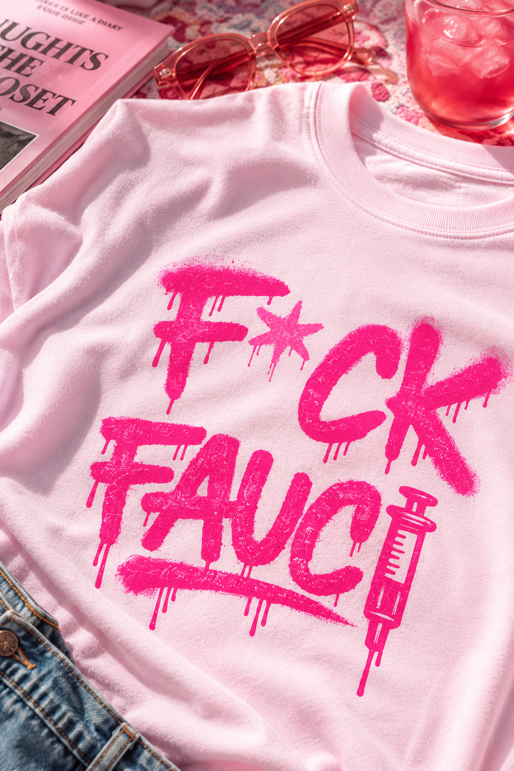 Close-up of light pink F*CK Fauci T-shirt showing soft cotton fabric and vivid graffiti artwork
