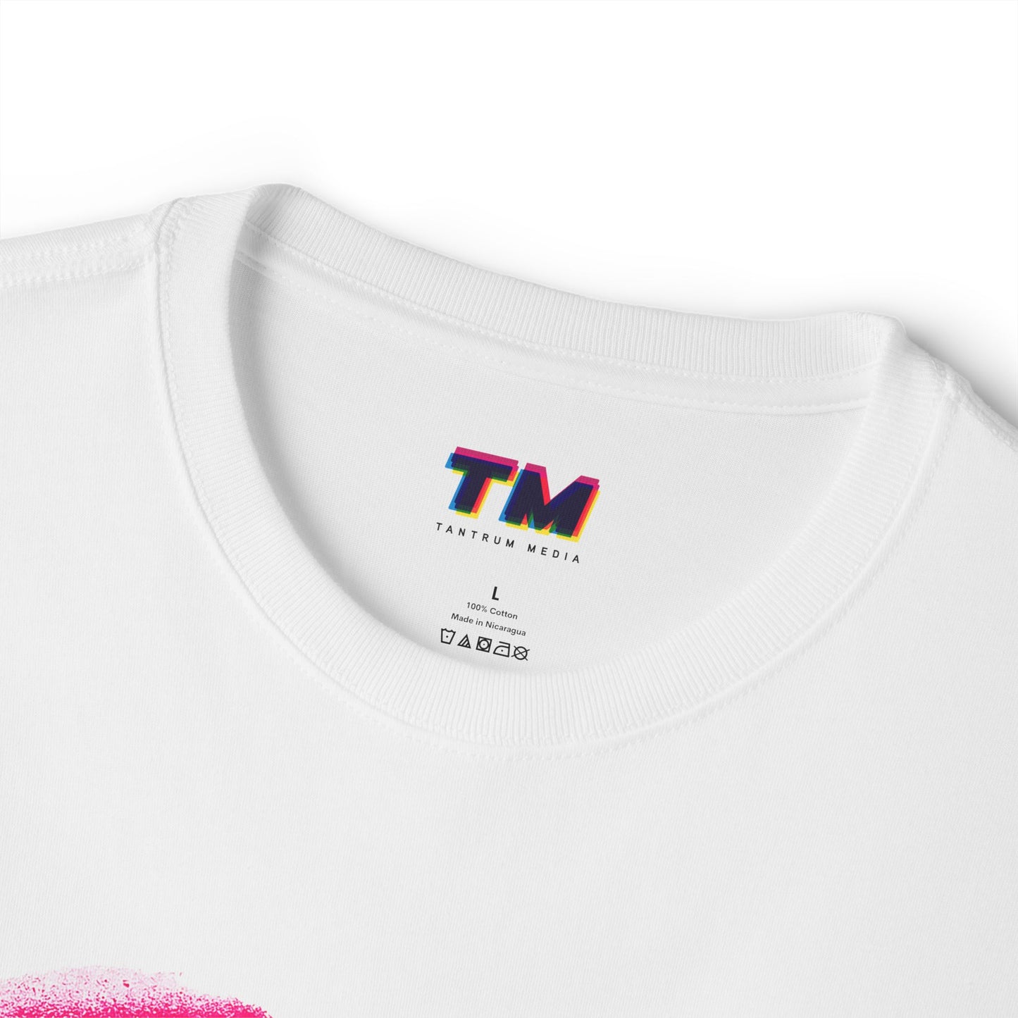 Close-up of white F*CK Fauci T-shirt crew neckline and Tantrum Media inside label