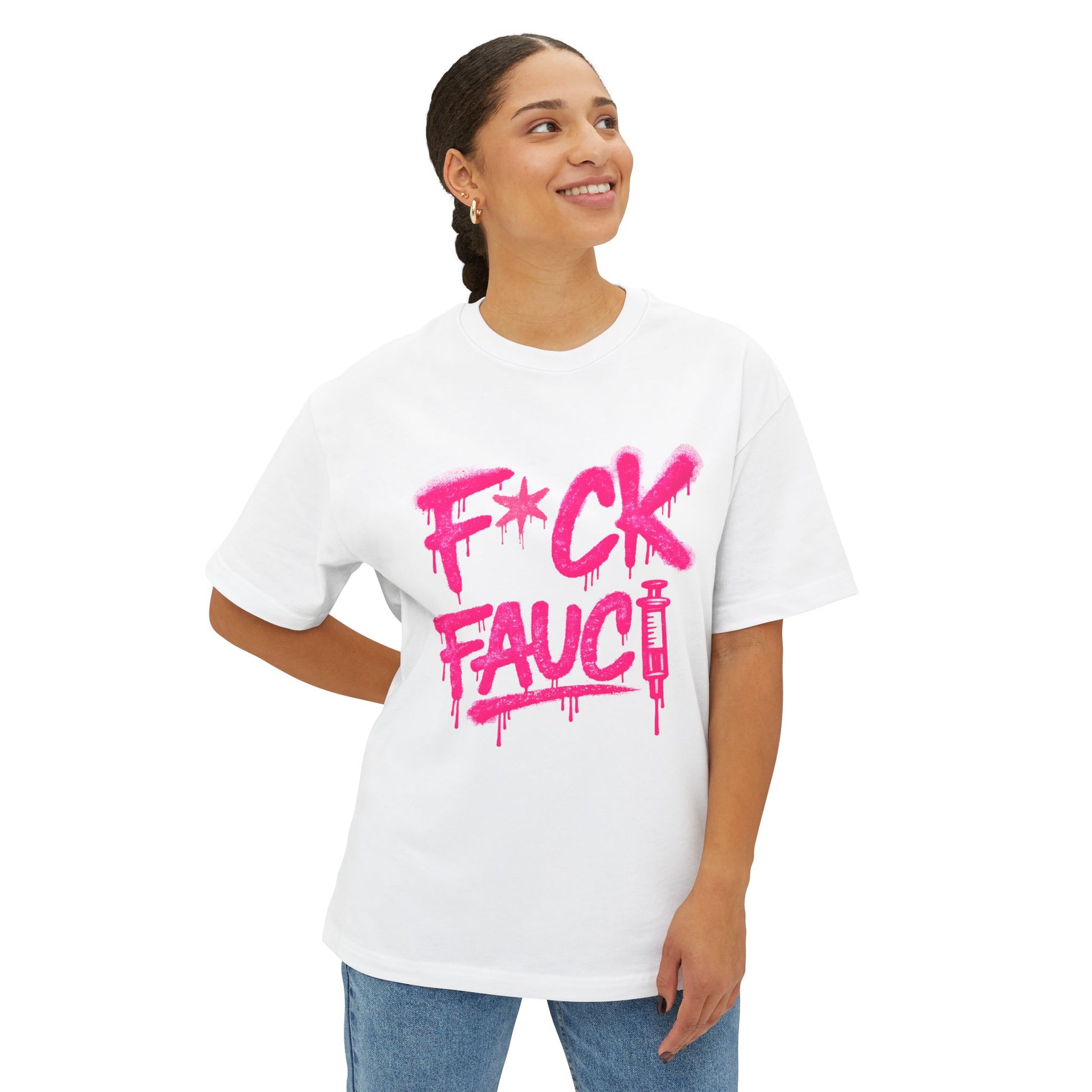 Woman modeling white F*CK Fauci boxy unisex graphic T-shirt from the front