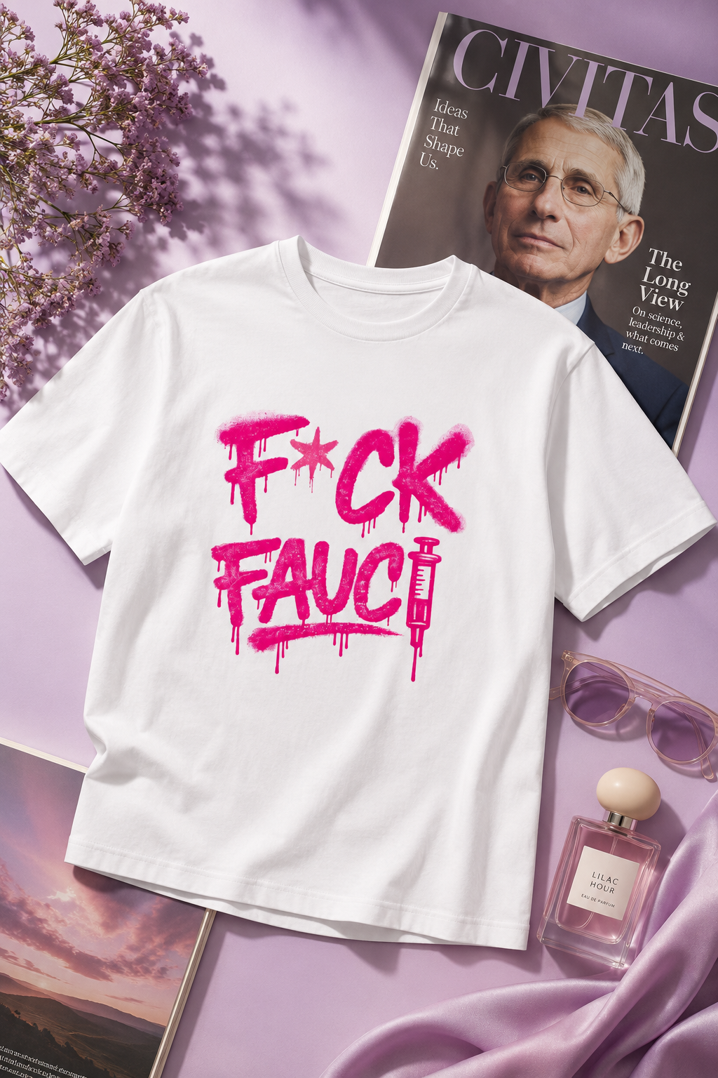 White F*CK Fauci political graphic T-shirt in a lavender editorial flat lay with magazine