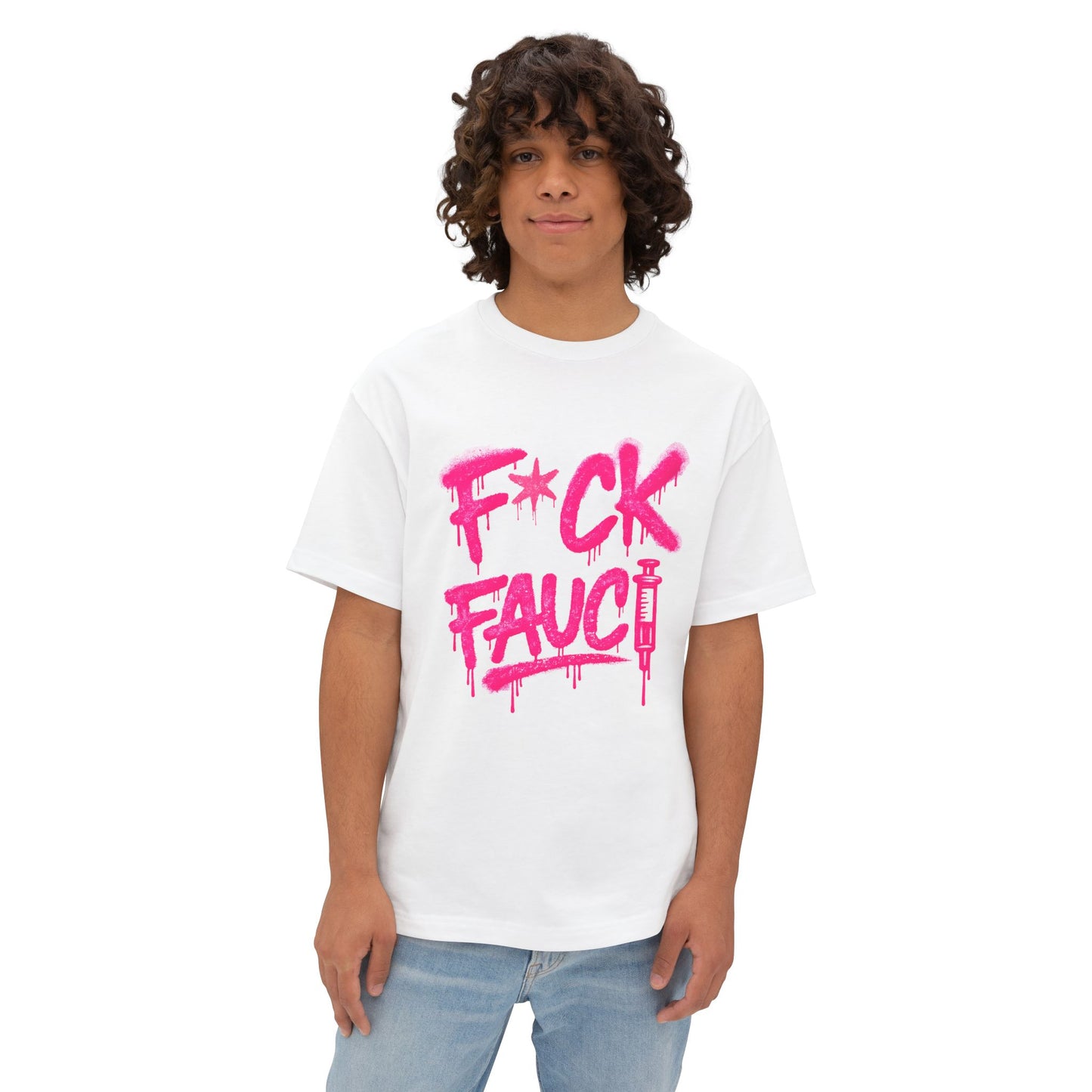 Male model wearing white F*CK Fauci boxy unisex political graphic T-shirt