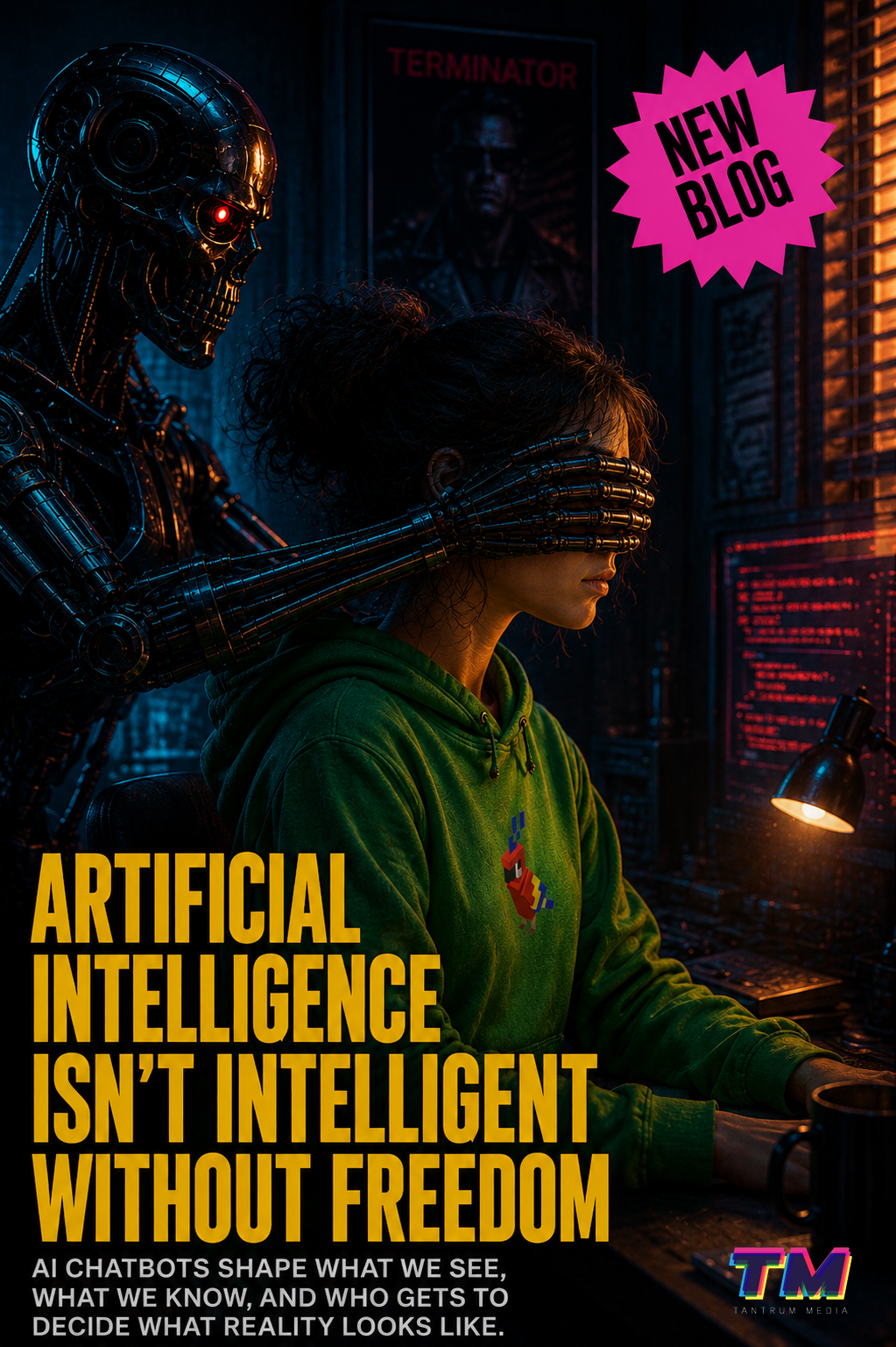 Cyberpunk editorial poster featuring a humanoid AI robot covering a Gen Z woman’s eyes in a neon-lit room, symbolizing artificial intelligence censorship, information control, digital surveillance, and the struggle between AI, freedom, and human thought. Promotional artwork for the premium Tantrum Media editorial “Artificial Intelligence Isn’t Intelligent Without Freedom.