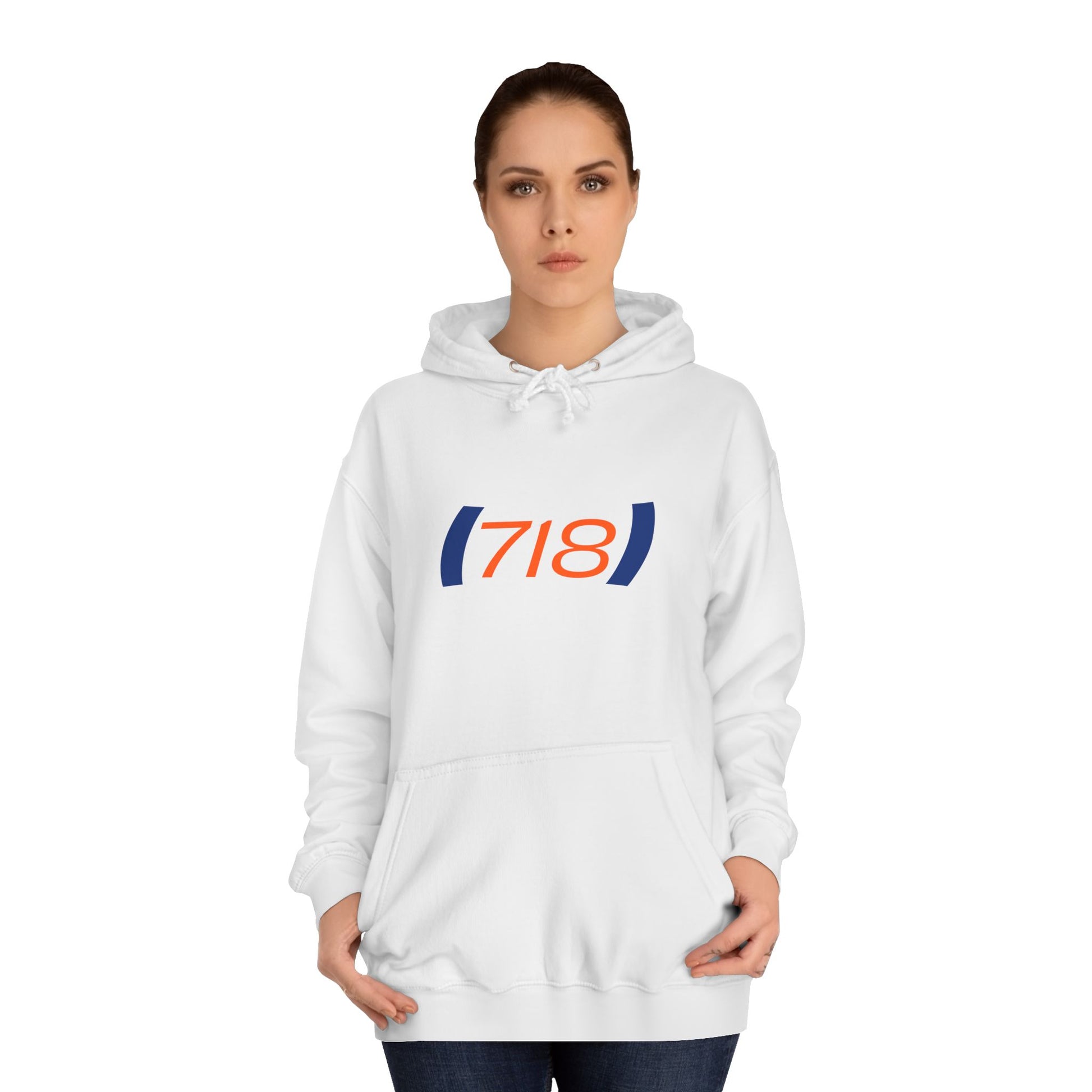 Female model wearing white (718) Hoodie with bold orange and blue design front view