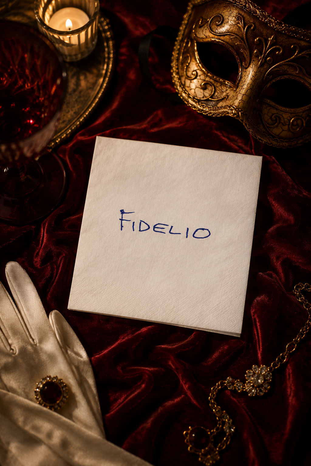 Fidelio Eyes Wide Shut beverage napkins styled with a gold masquerade mask, candlelight and burgundy velvet