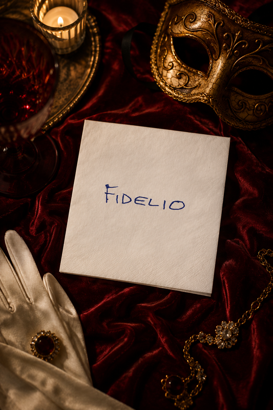 Fidelio Eyes Wide Shut beverage napkins styled with a gold masquerade mask, candlelight and burgundy velvet