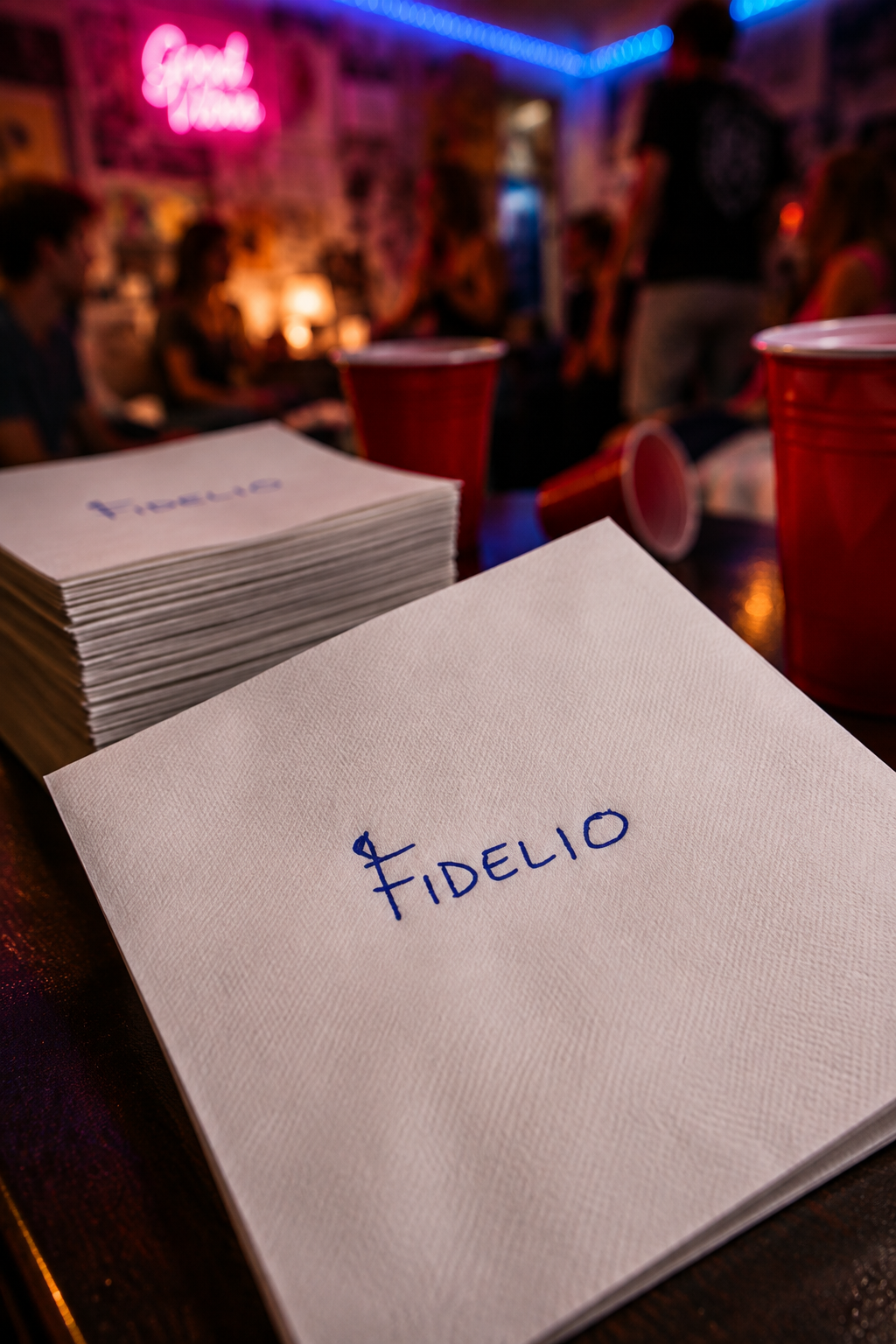 Close-up of a Fidelio tissue beverage napkin with visible paper texture, a 50-count stack and red party cups