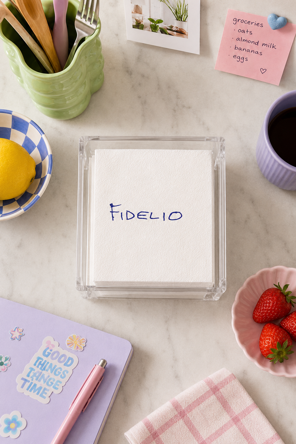 Fidelio beverage napkins displayed face up in a clear acrylic holder in a pastel kitchen