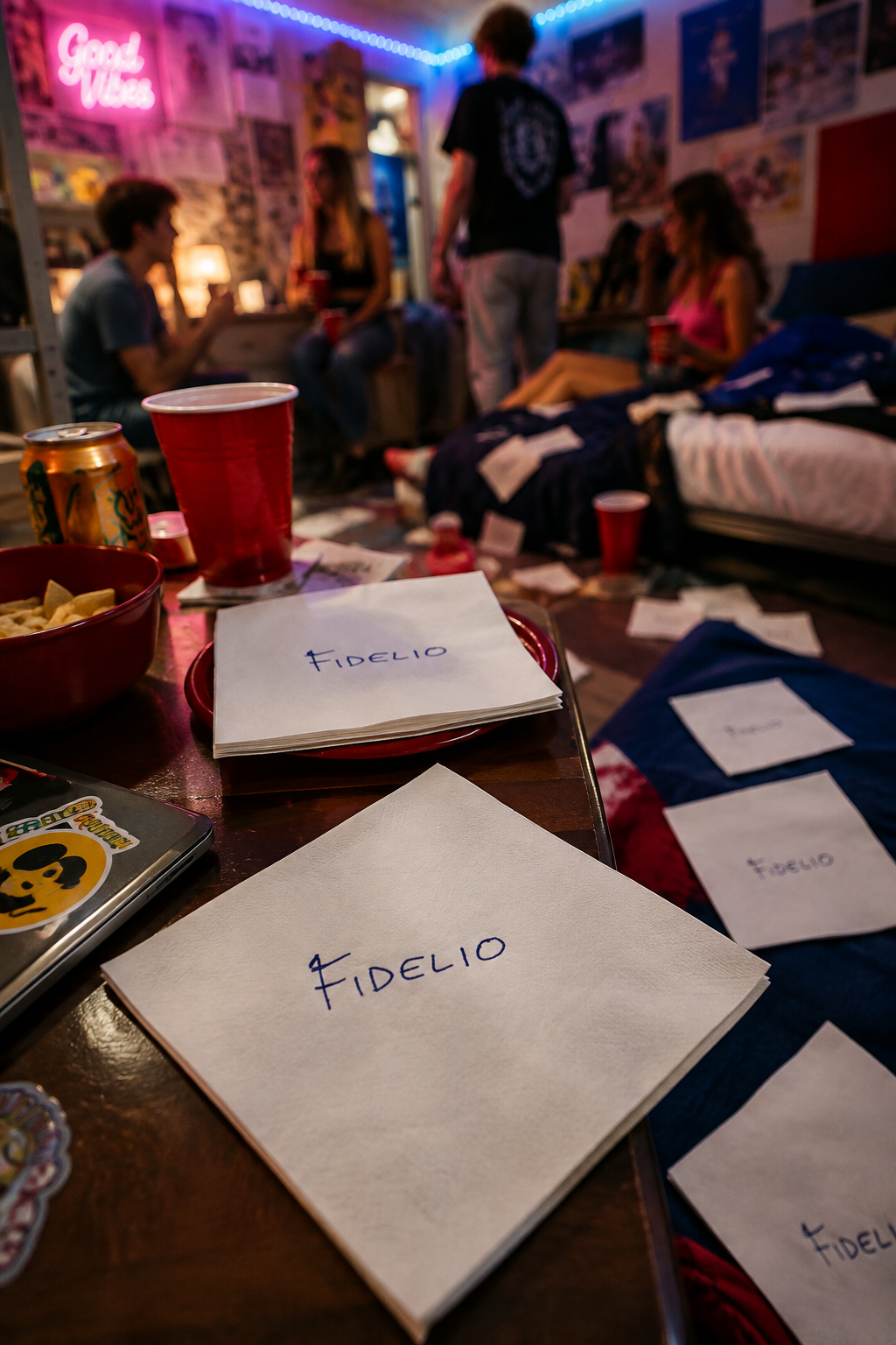 Fidelio tissue beverage napkins scattered across a vibrant Gen Z college dorm party