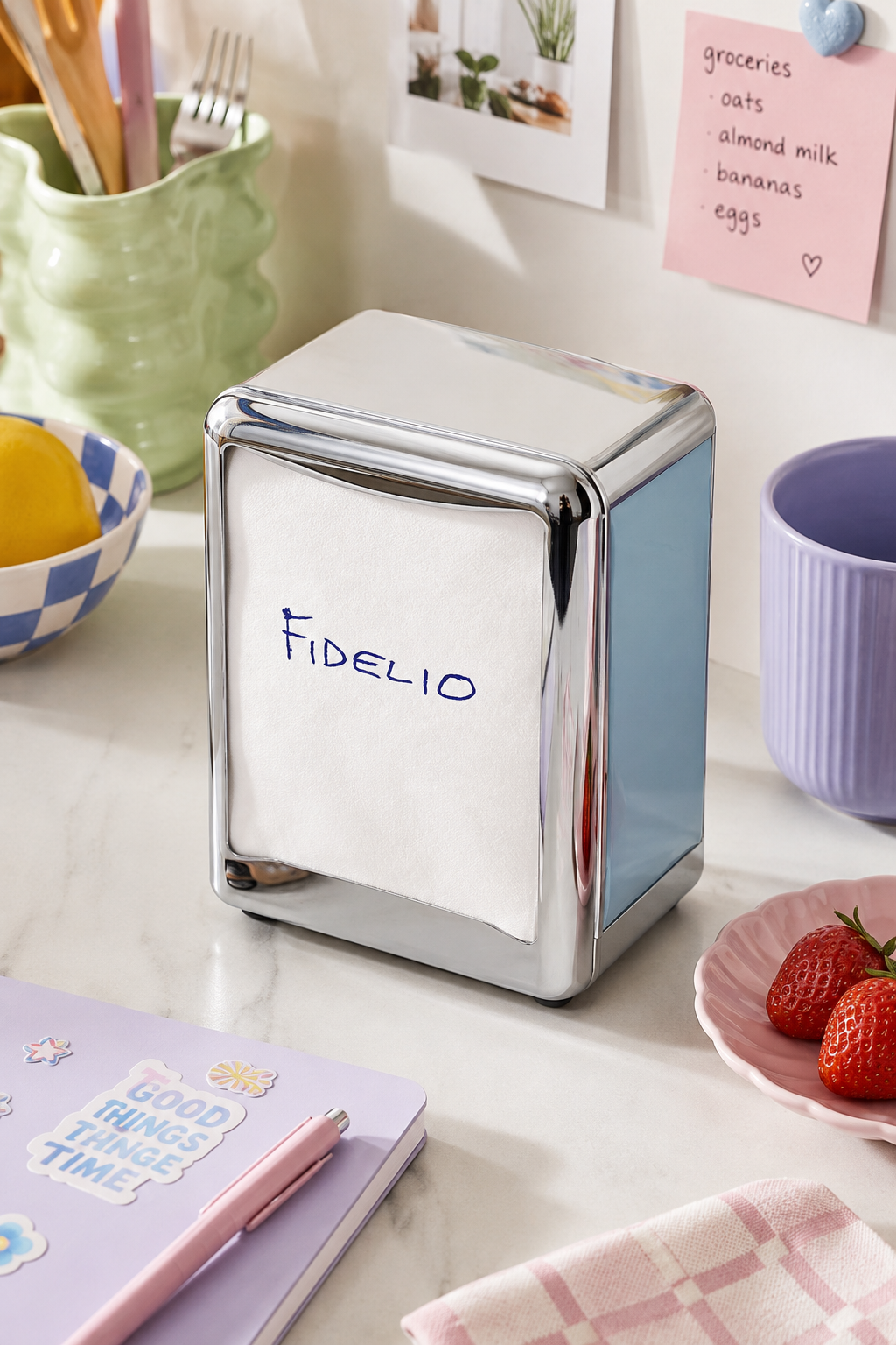 Fidelio Eyes Wide Shut beverage napkins displayed in a modern dispenser in a bright pastel kitchen