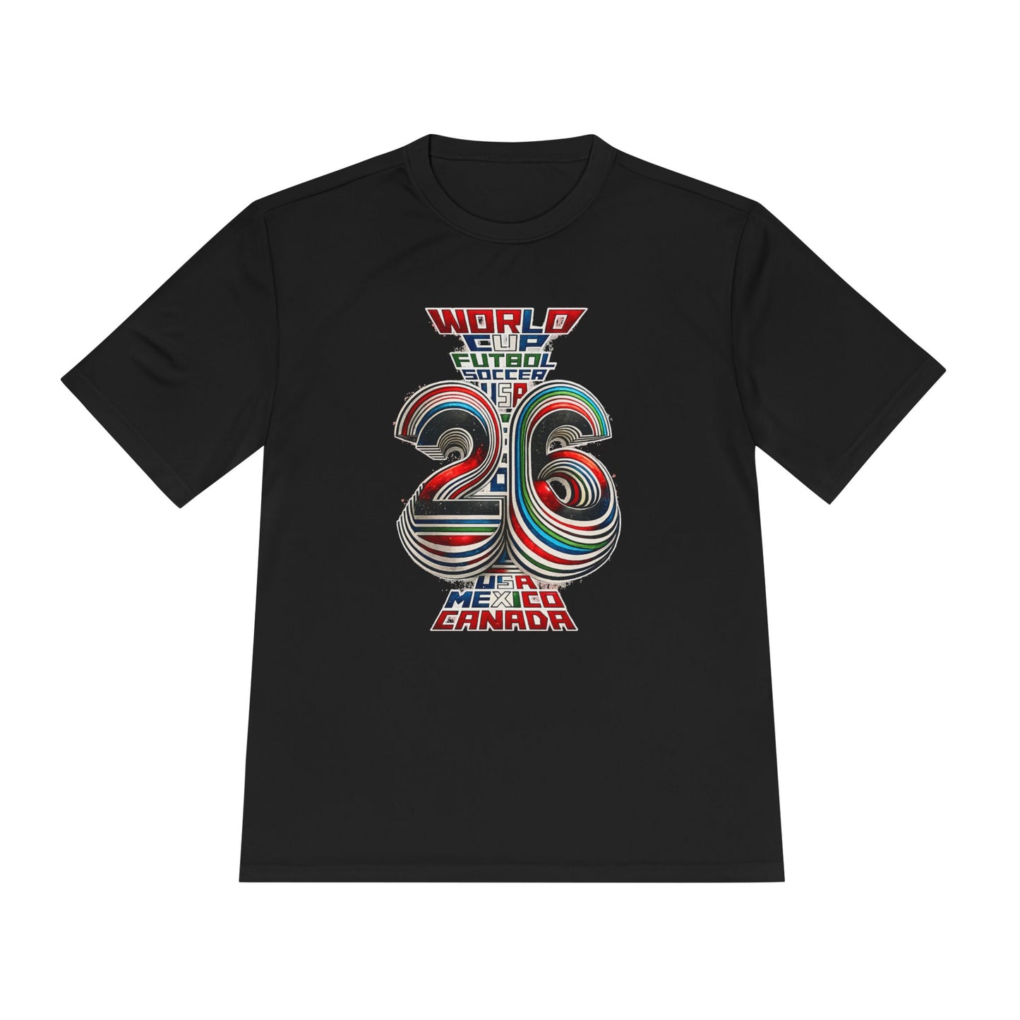 Black FIFA World Cup 2026 graphic T-shirt featuring retro USA Mexico Canada football artwork