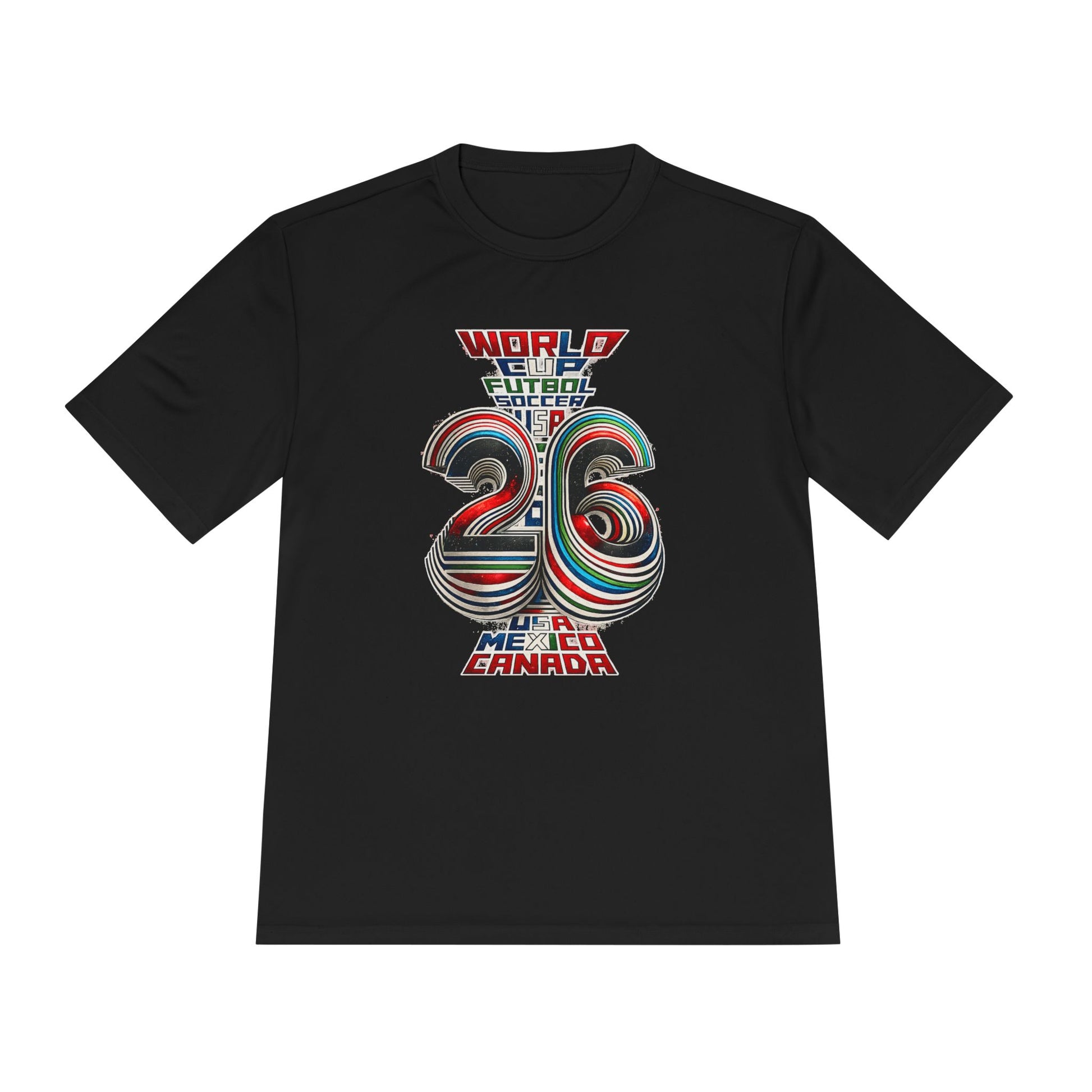 Black FIFA World Cup 2026 graphic T-shirt featuring retro USA Mexico Canada football artwork