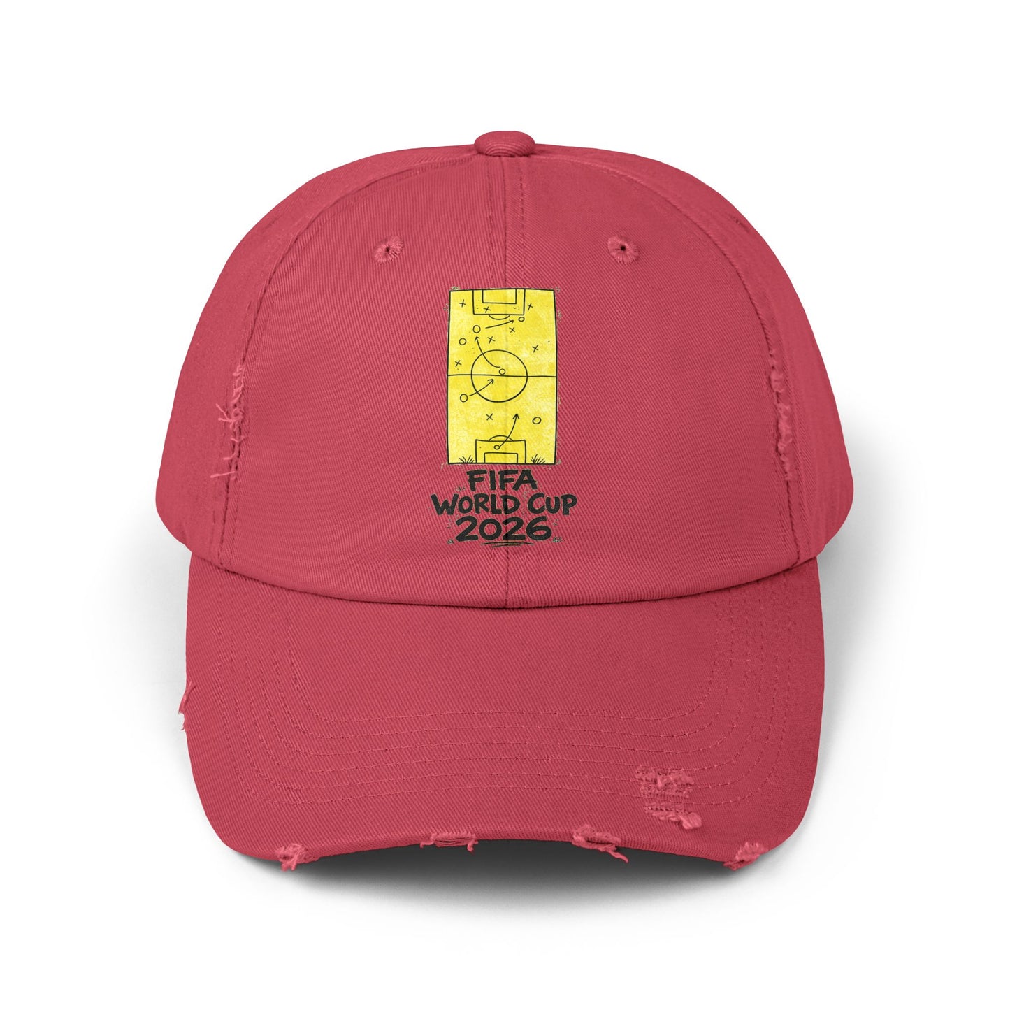 Burnt orange FIFA World Cup 2026 distressed dad hat with soccer tactics graphic front view
