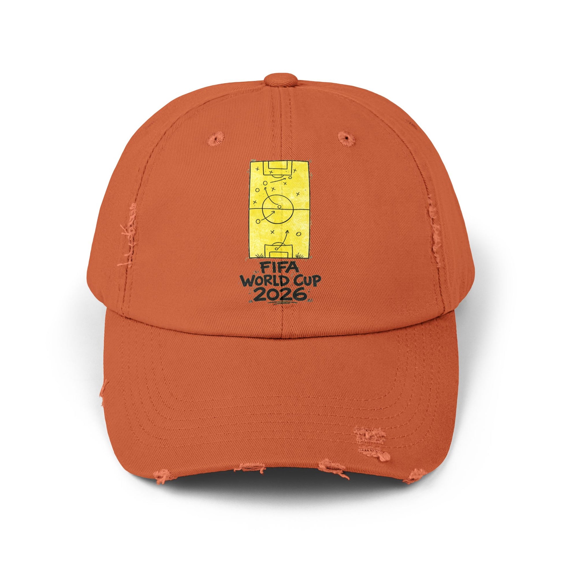 Burnt orange FIFA World Cup 2026 distressed dad hat with soccer tactics graphic front view