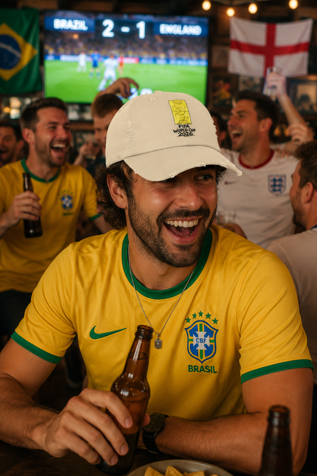 Male soccer fan wearing FIFA World Cup 2026 distressed dad hat watching Brazil vs England with friends