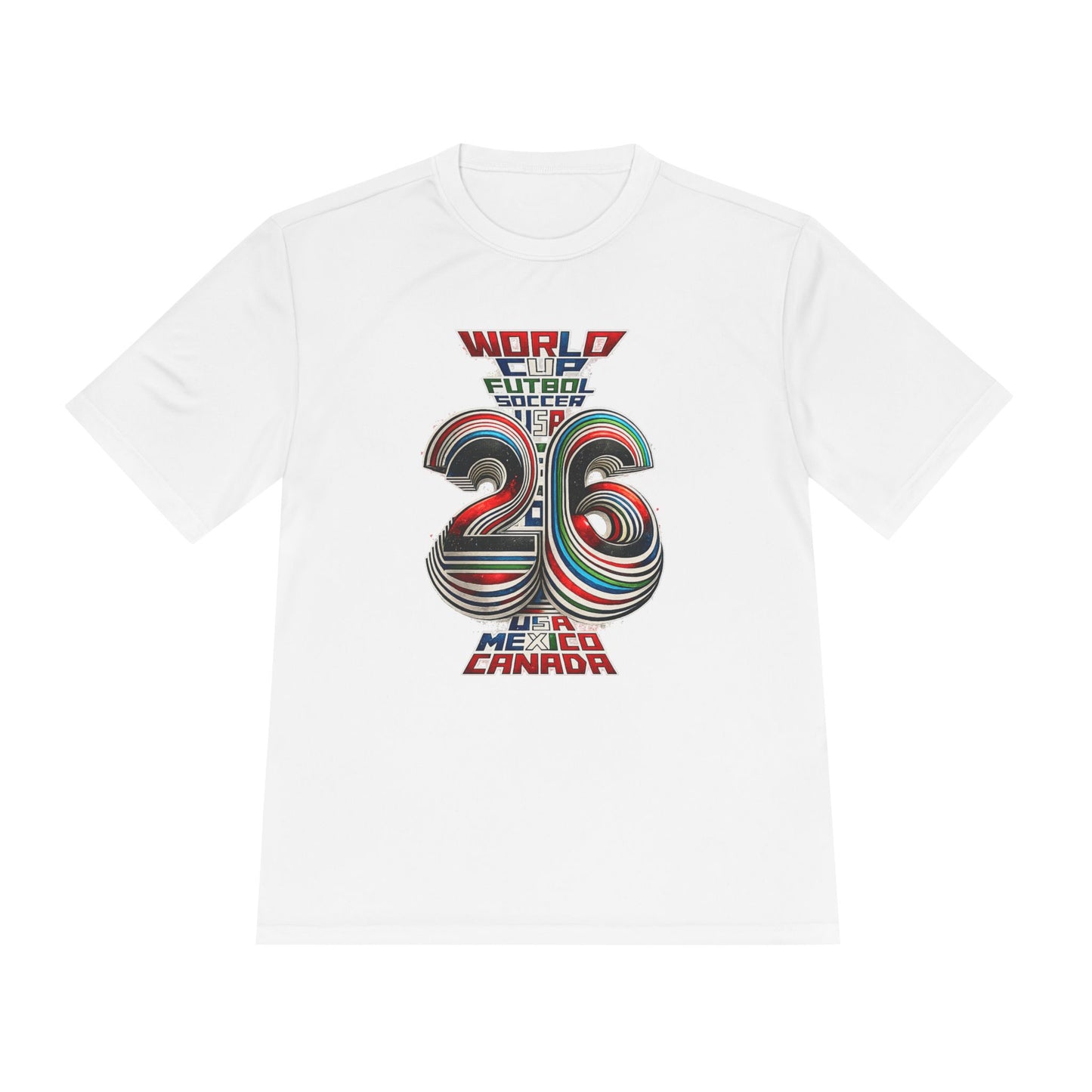 White t-shirt with colorful 'World Cup' design on a white background