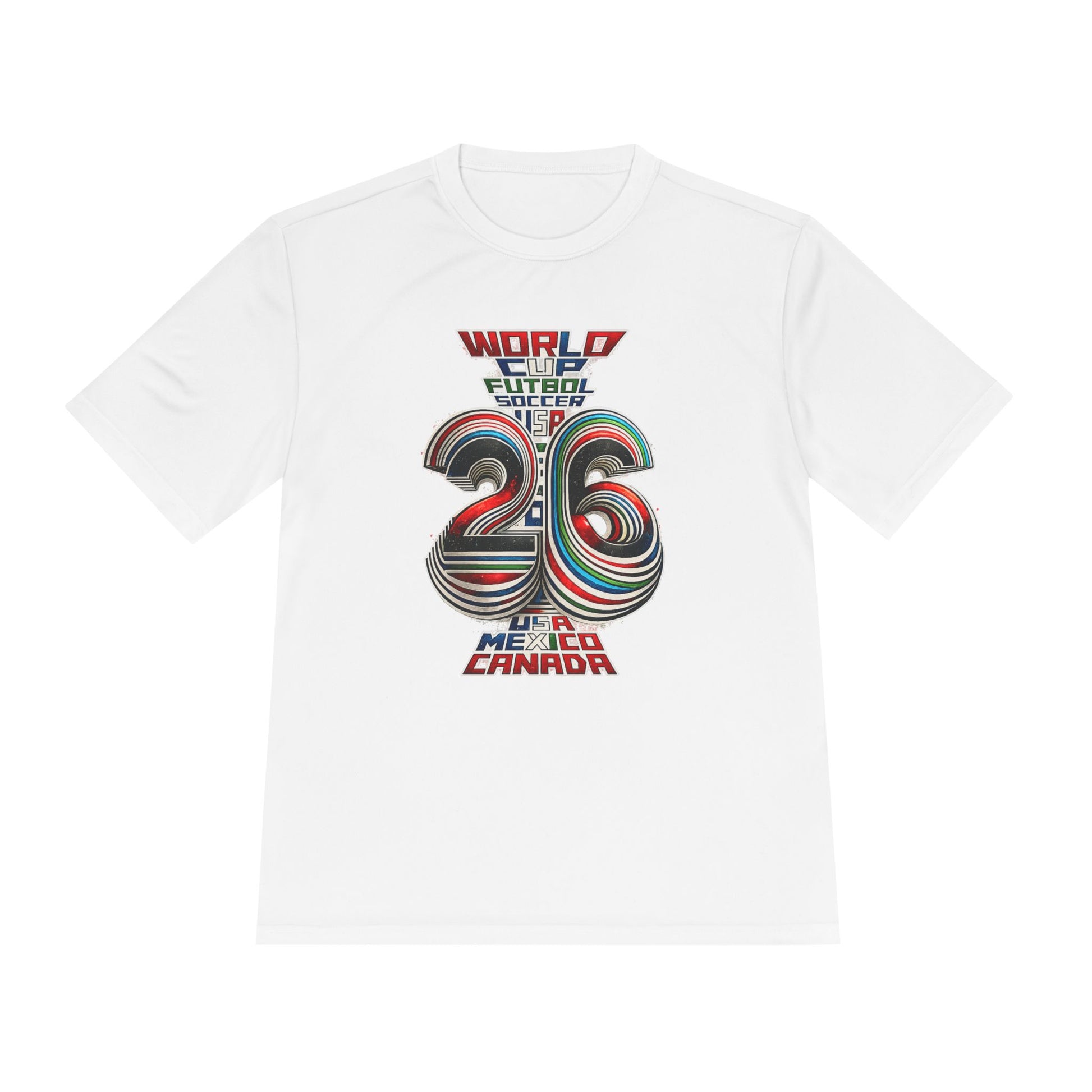 White t-shirt with colorful 'World Cup' design on a white background
