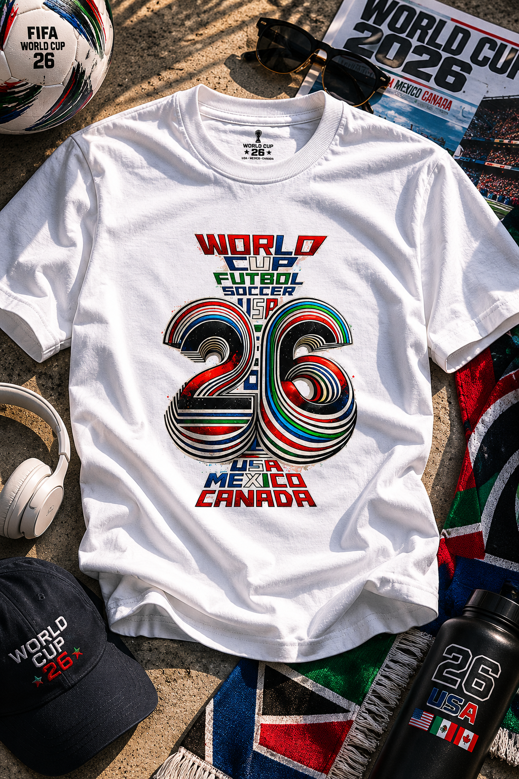 White FIFA World Cup 2026 graphic T-shirt flat lay with soccer accessories and editorial sports styling