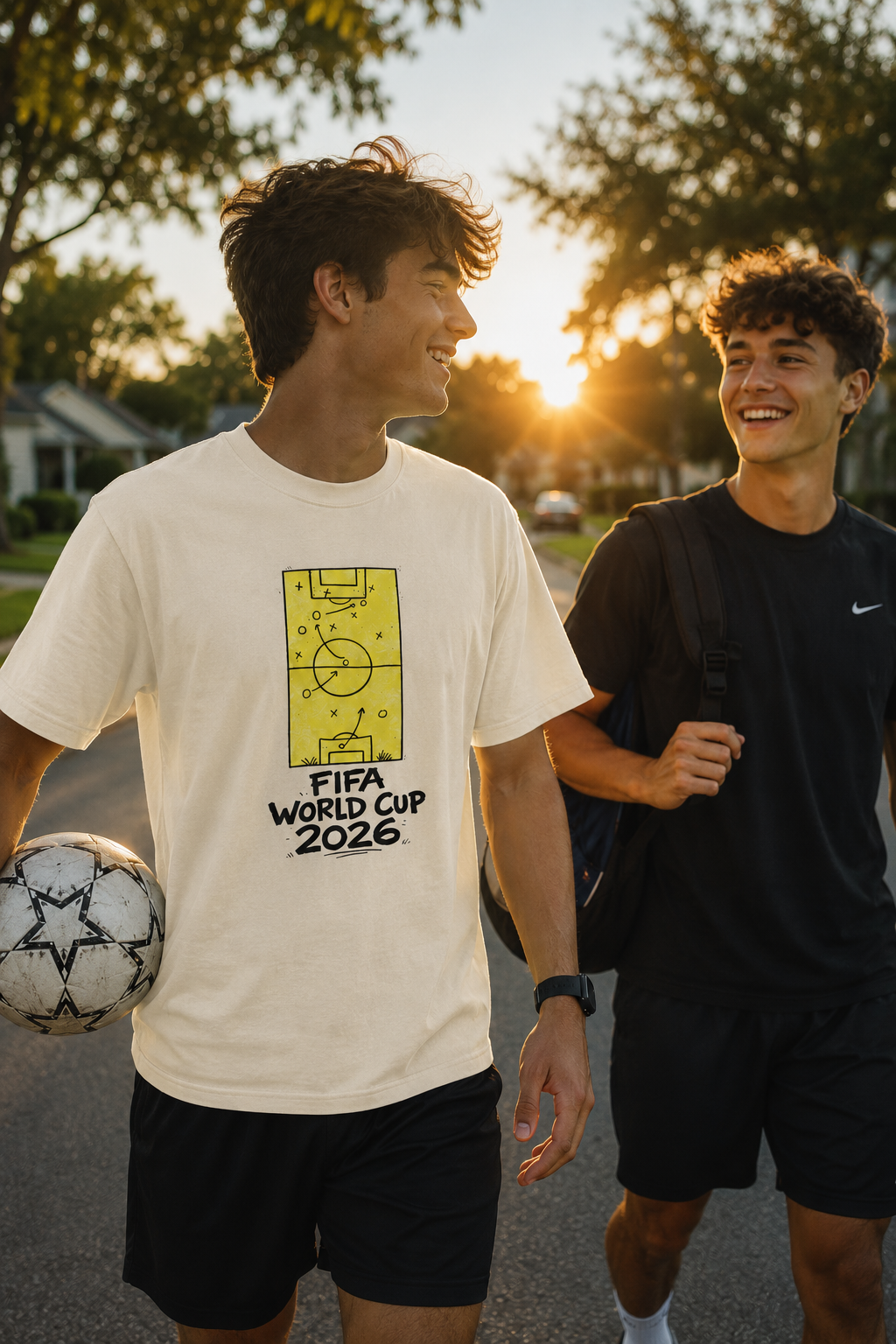Gen Z soccer fan wearing FIFA World Cup 2026 Fan Tee while walking home with a friend after a soccer game at sunset