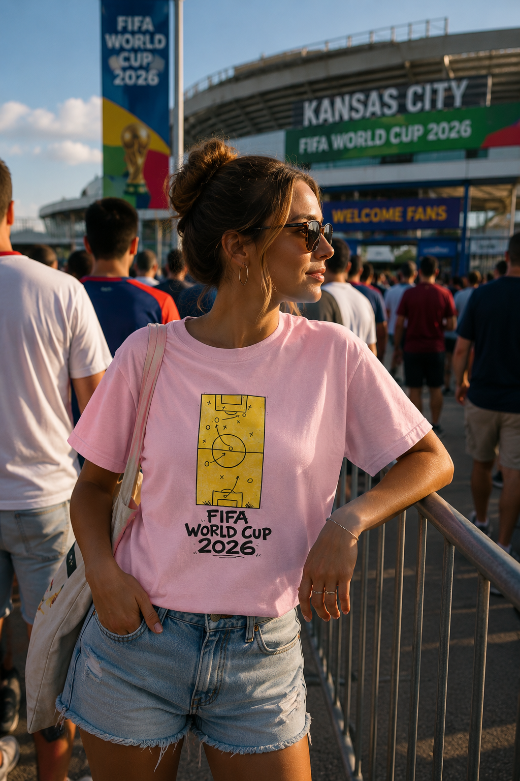 Female soccer fan wearing FIFA World Cup 2026 Fan Tee while waiting outside a stadium before a football match in Kansas City