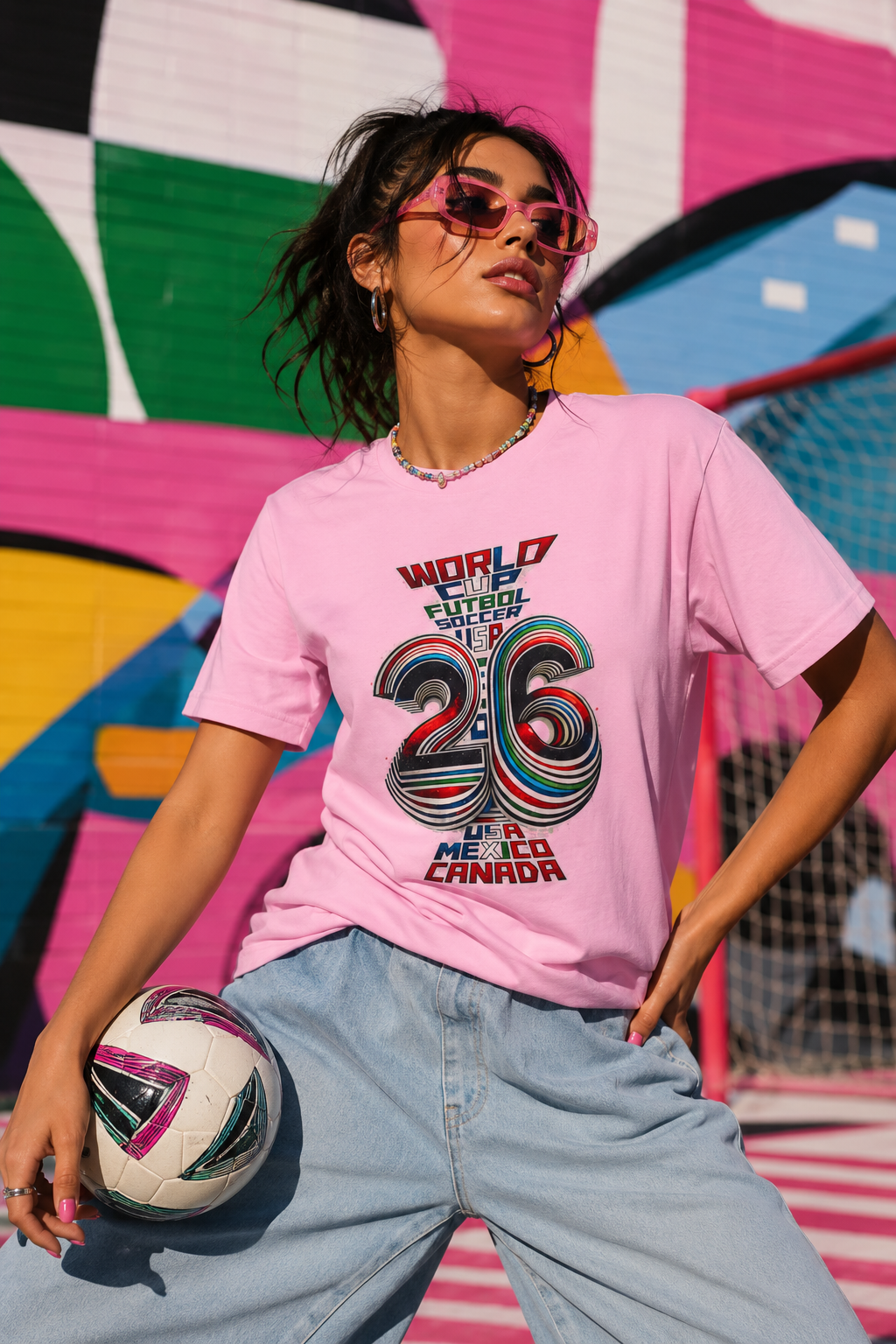Female Gen Z wearing pink FIFA World Cup 2026 graphic T-shirt in colorful pop soccer editorial setting