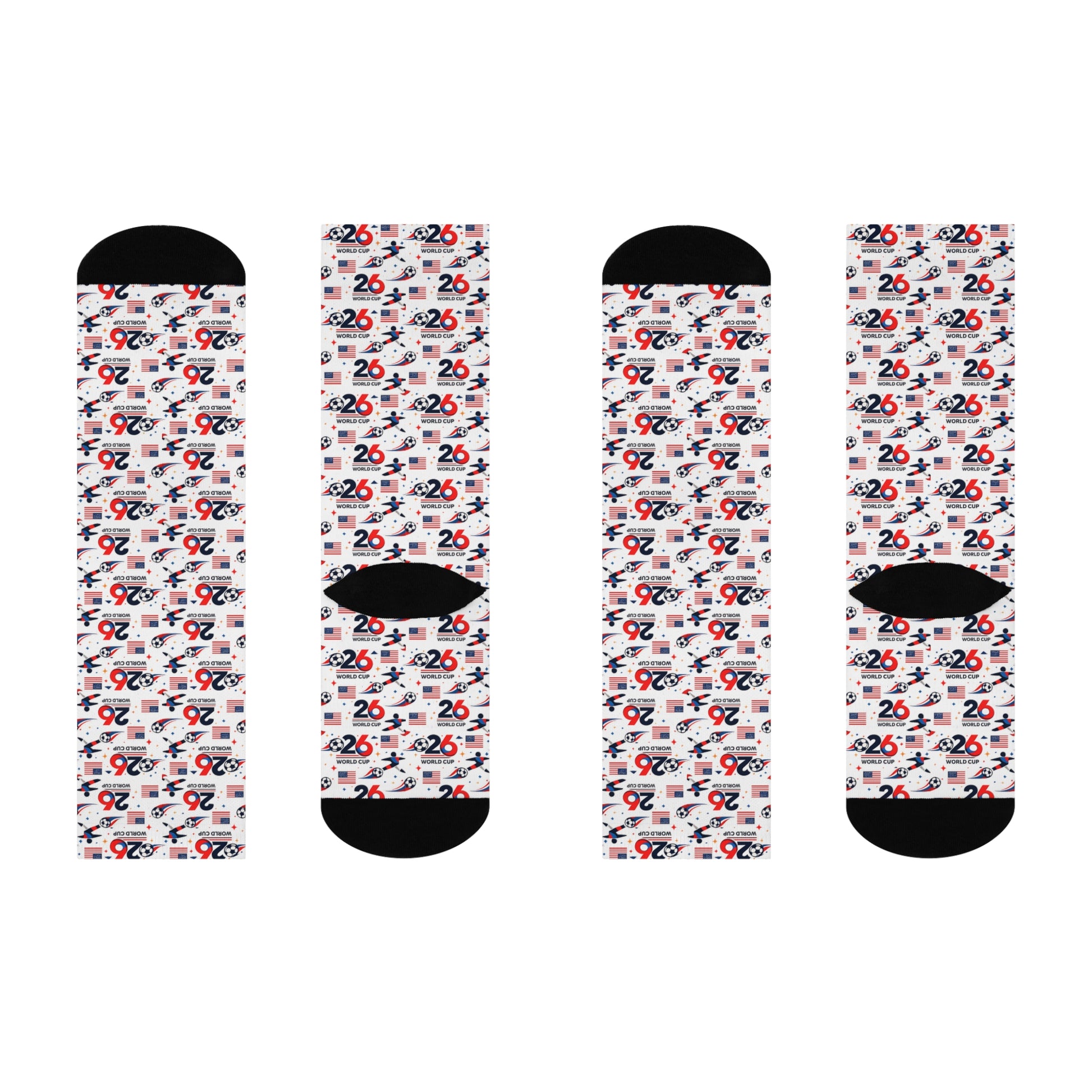 Soccer World Cup 2026 crew socks product flat lay showing front and back design details