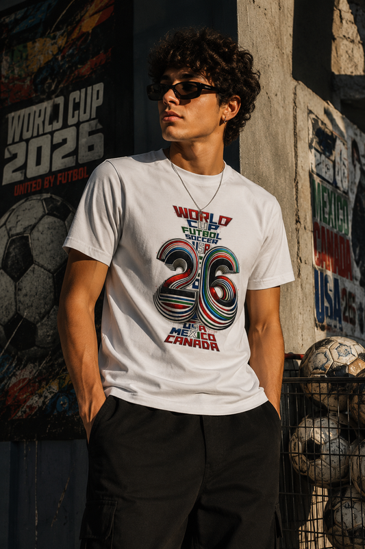 Male Gen Z wearing white FIFA World Cup 2026 graphic T-shirt in cinematic urban soccer editorial scene