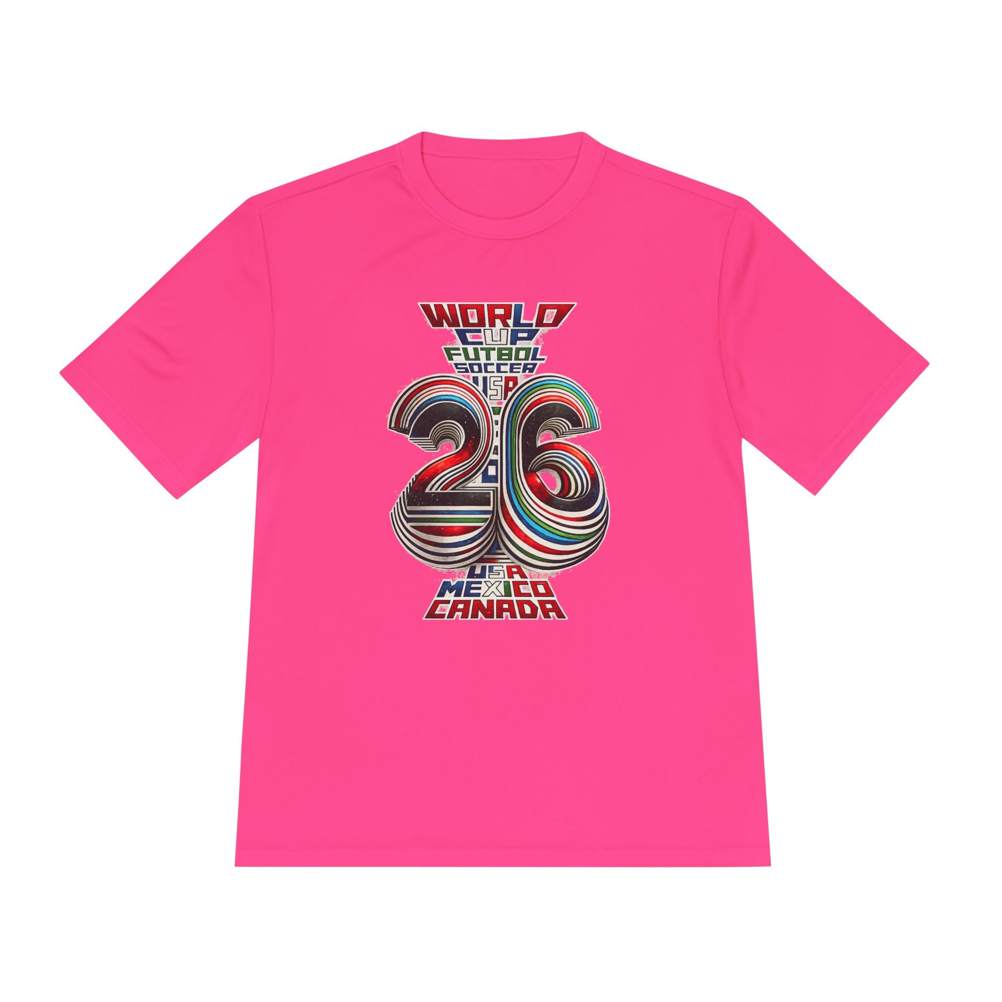 Hot pink FIFA World Cup 2026 retro soccer graphic T-shirt front view
