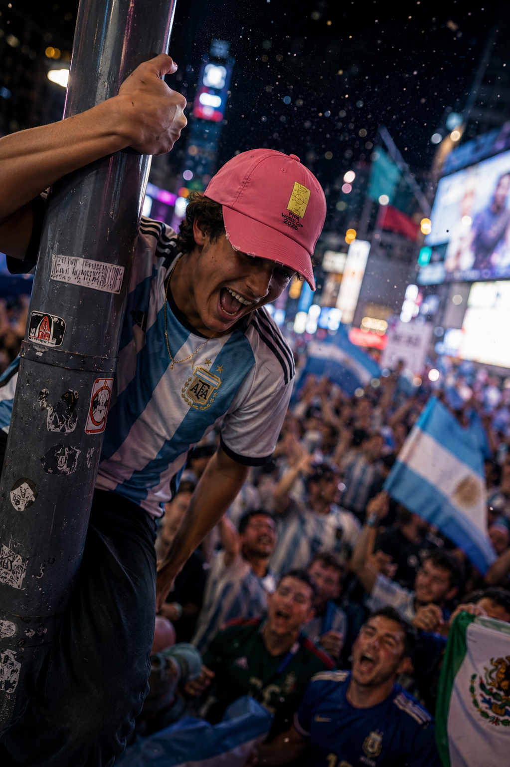 Argentine soccer supporter wearing pink FIFA World Cup 2026 distressed dad hat celebrating in massive crowd