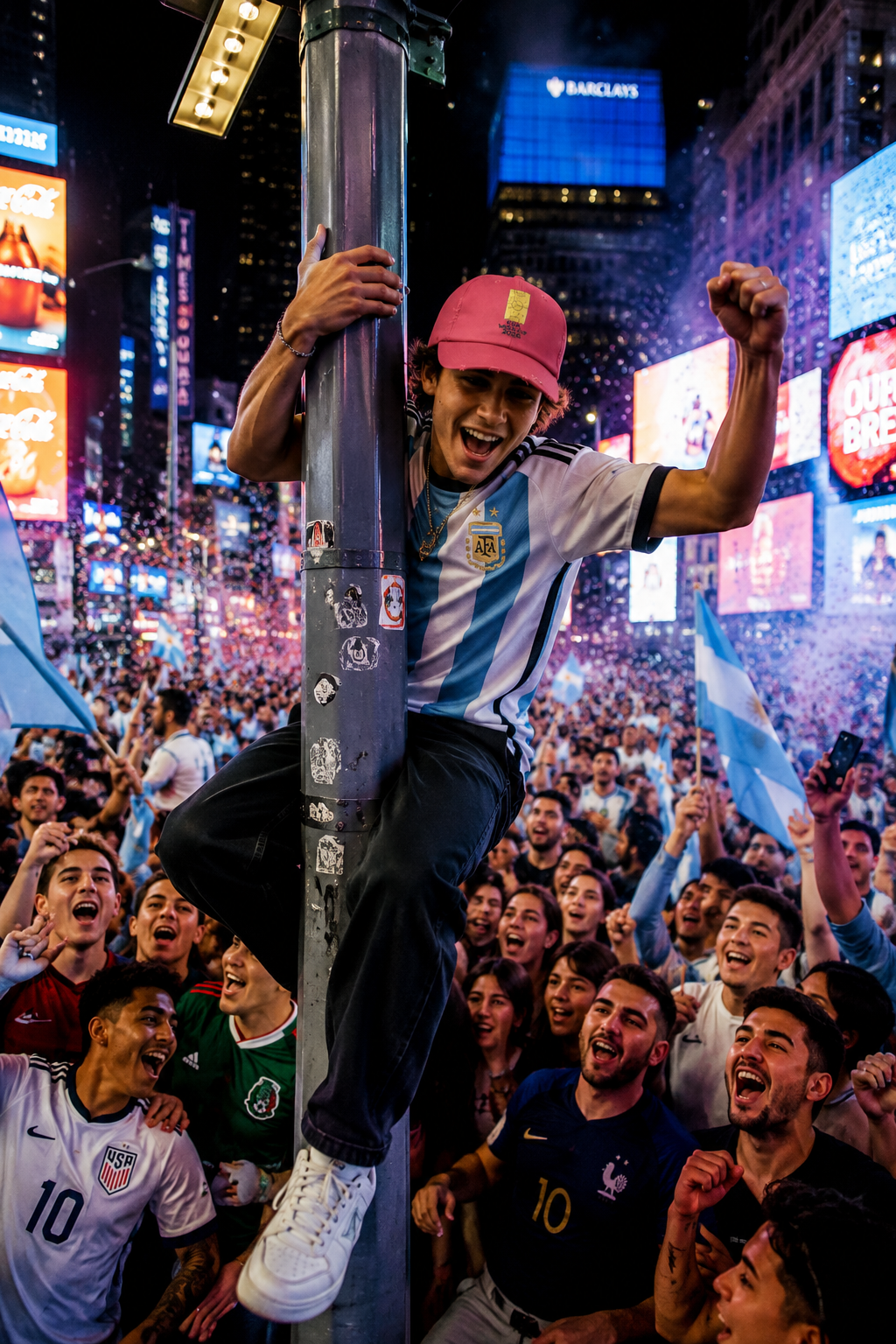 Gen Z soccer fan wearing pink FIFA World Cup 2026 distressed dad hat celebrating Argentina victory in Times Square