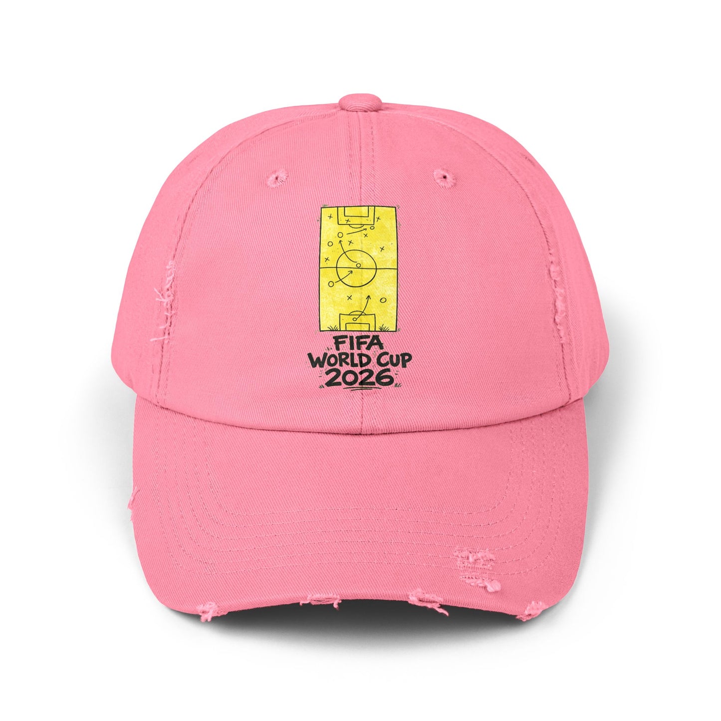 Pink FIFA World Cup 2026 distressed dad hat with soccer tactics graphic front view