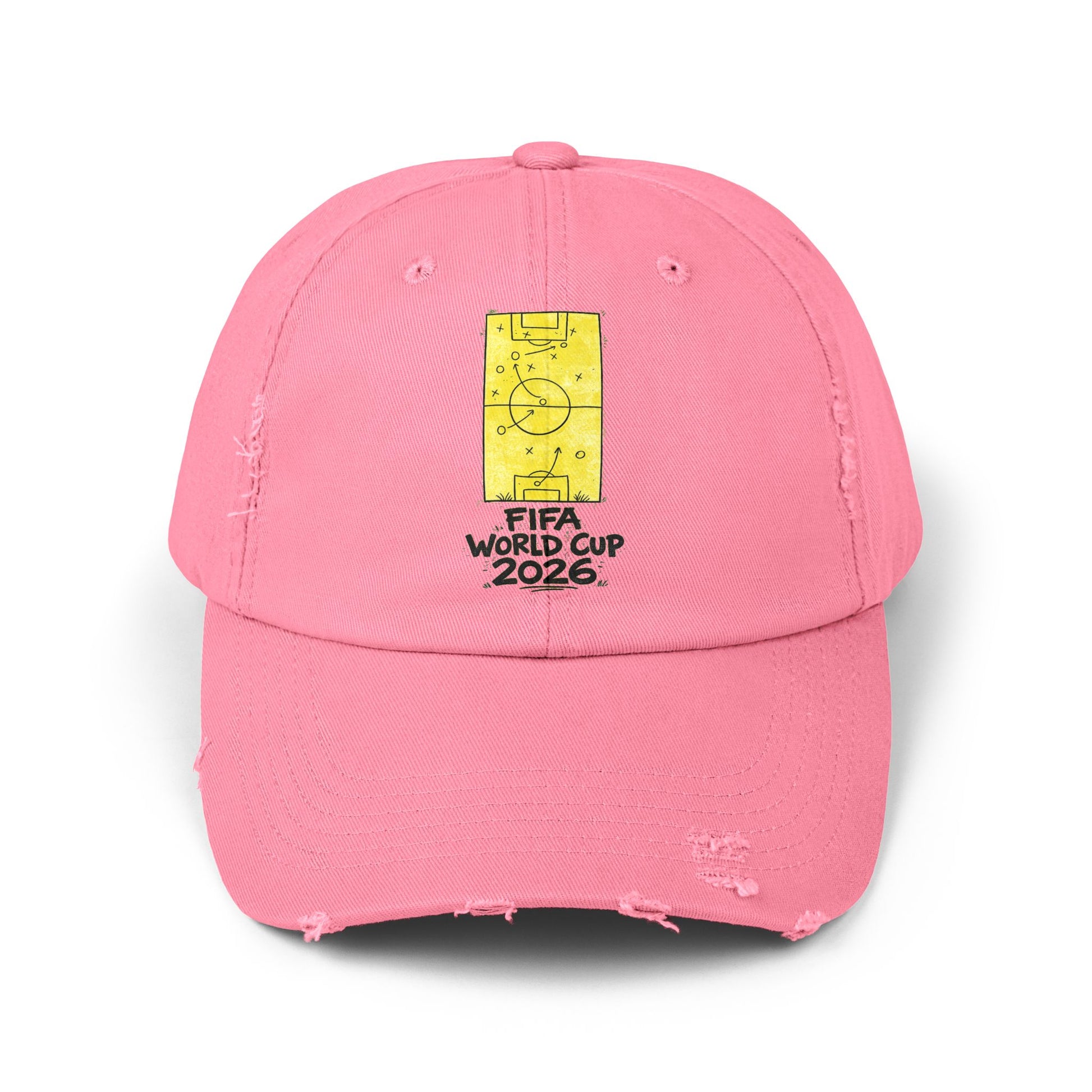 Pink FIFA World Cup 2026 distressed dad hat with soccer tactics graphic front view