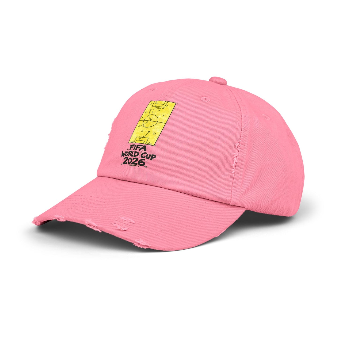 Side profile of pink FIFA World Cup 2026 distressed dad hat with football field design