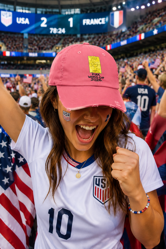 Female soccer fan wearing pink FIFA World Cup 2026 distressed dad hat celebrating during USA vs France football match