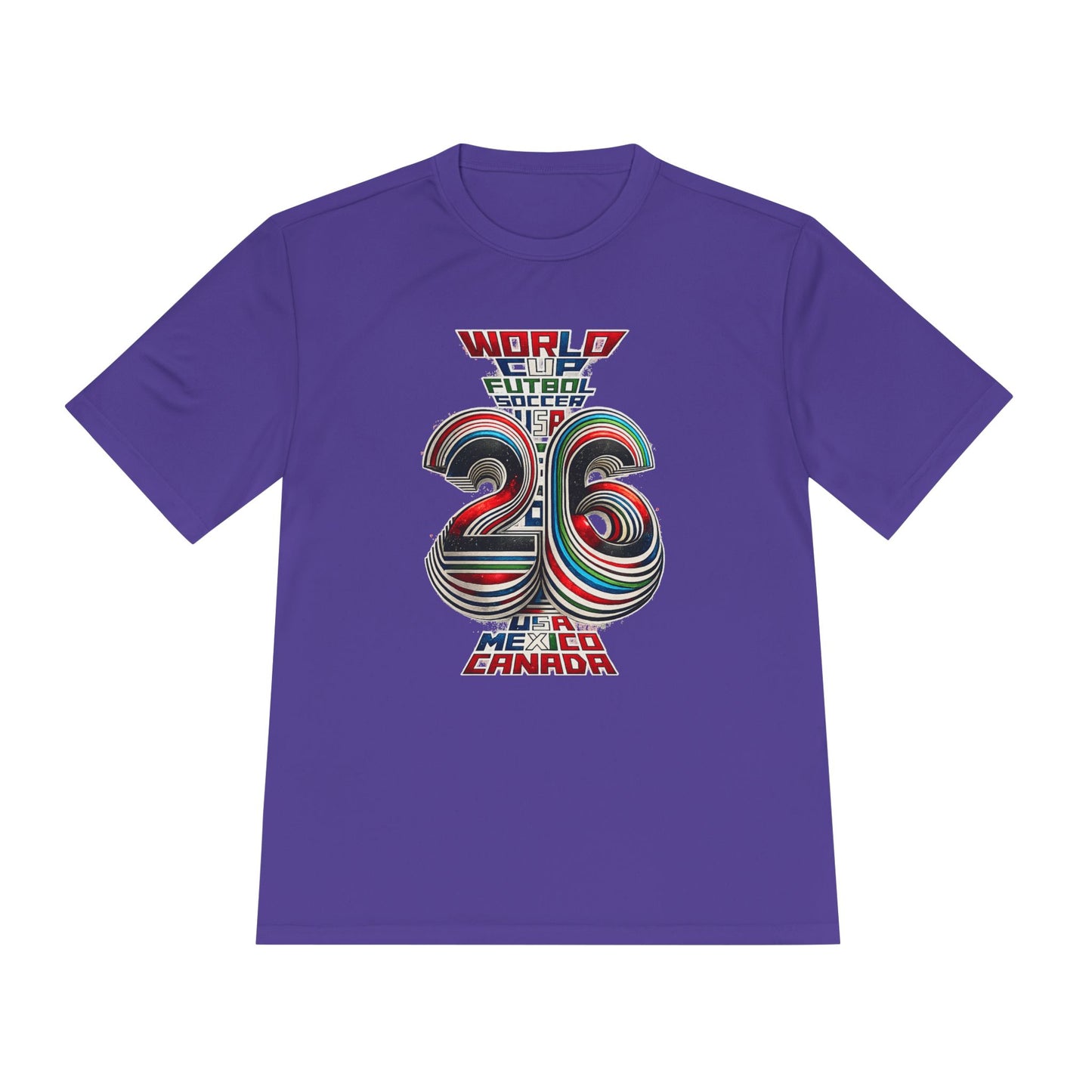 Purple FIFA World Cup 2026 graphic T-shirt with retro USA Mexico Canada artwork