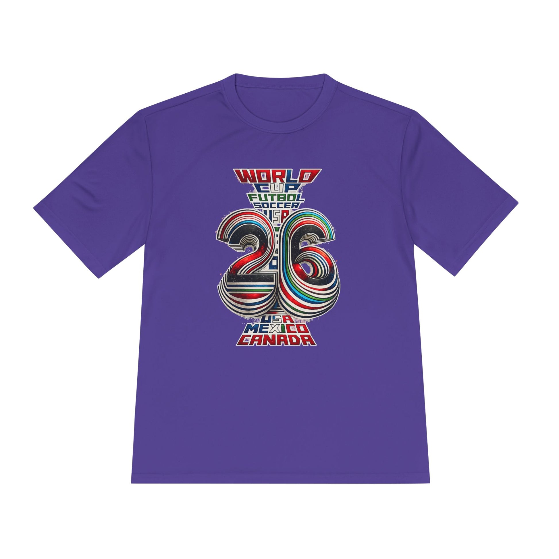 Purple FIFA World Cup 2026 graphic T-shirt with retro USA Mexico Canada artwork