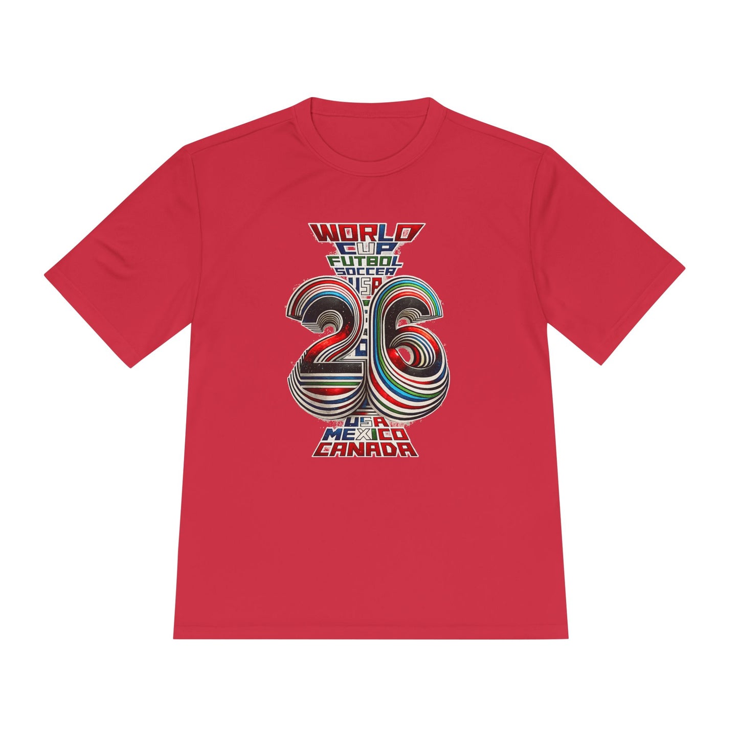 Red FIFA World Cup 2026 retro soccer graphic T-shirt front view