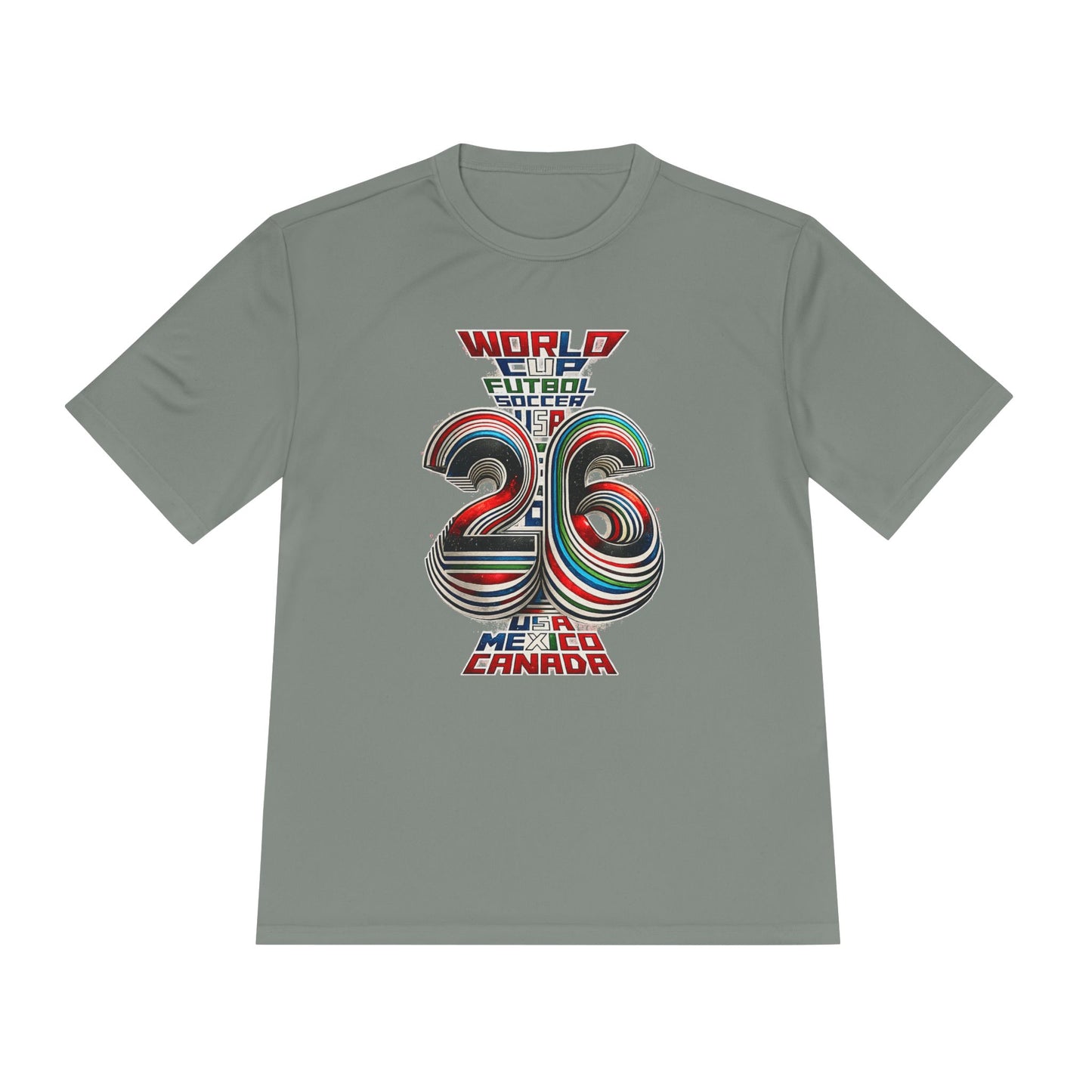 Sage green FIFA World Cup 2026 retro soccer graphic T-shirt front view