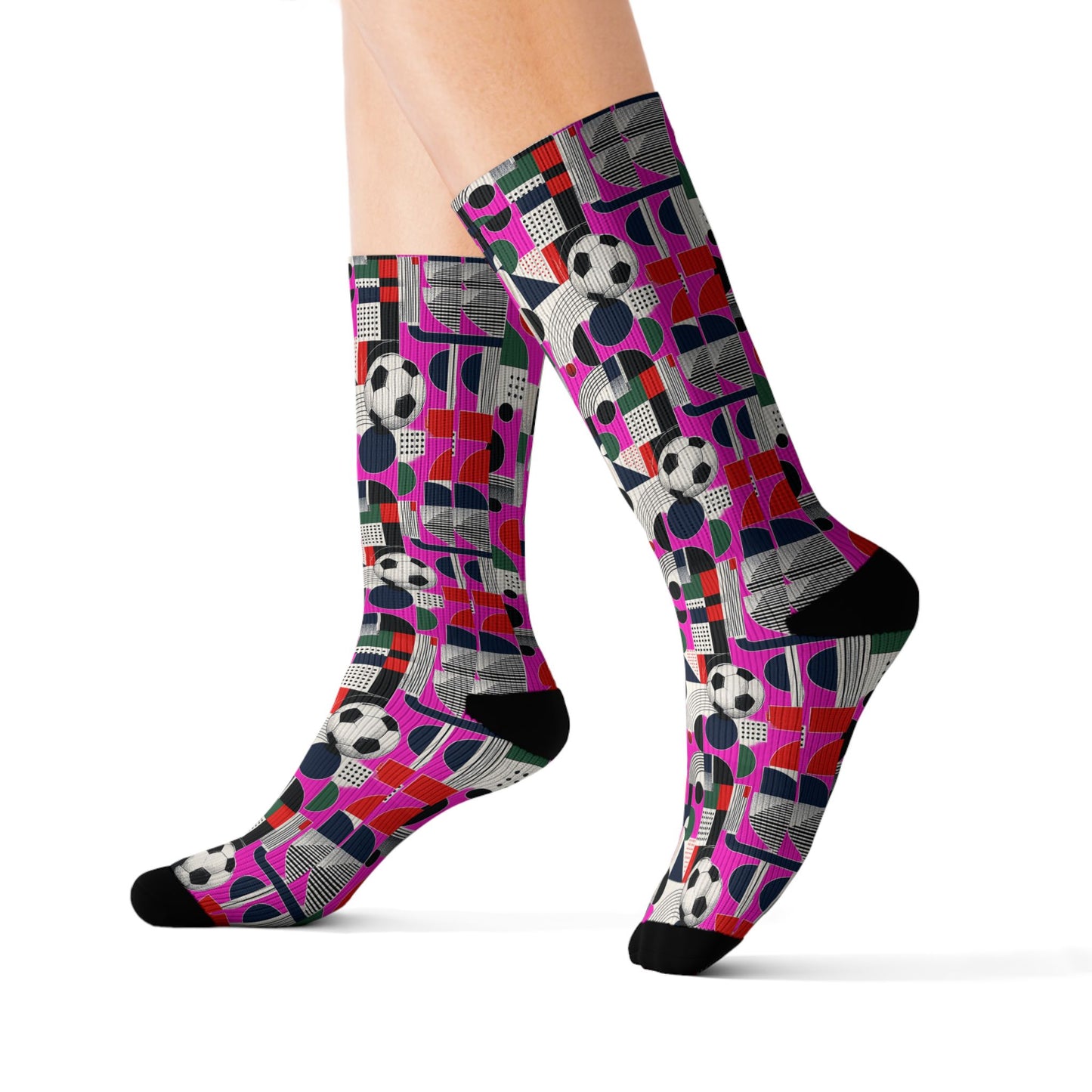 Angled on-feet view of FIFA World Cup 2026 soccer fan crew socks with vibrant football-inspired artwork.