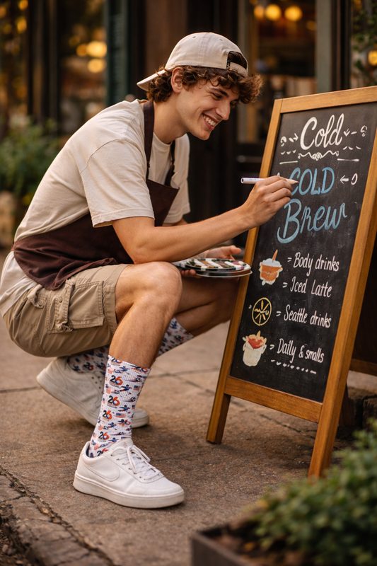 Young soccer fan wearing FIFA World Cup 2026 Soccer Fan Crew Socks outside a coffee shop in a casual lifestyle scene.