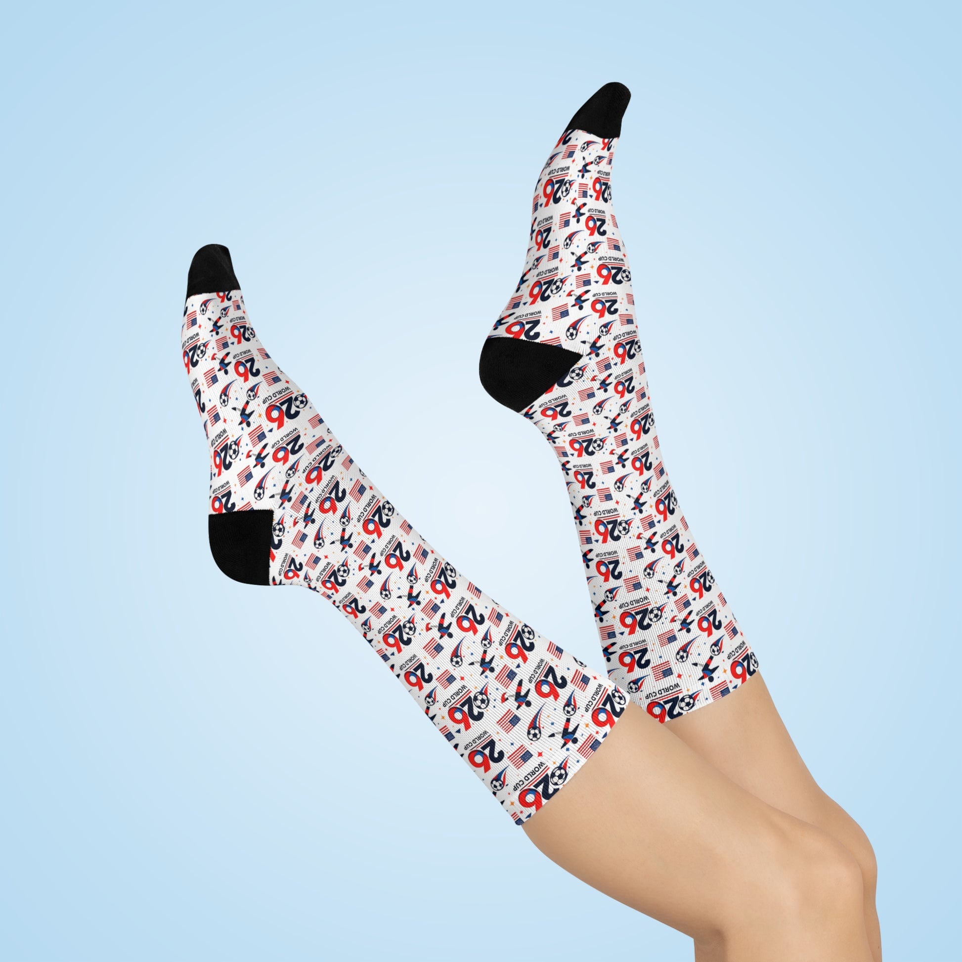 Unisex Soccer World Cup 2026 crew socks worn on legs against blue background lifestyle photo