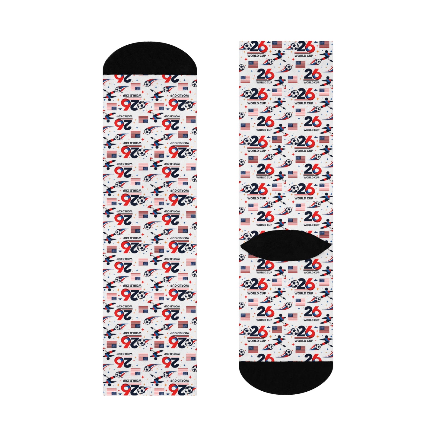 Graphic soccer themed crew socks pair with black heel and toe contrast