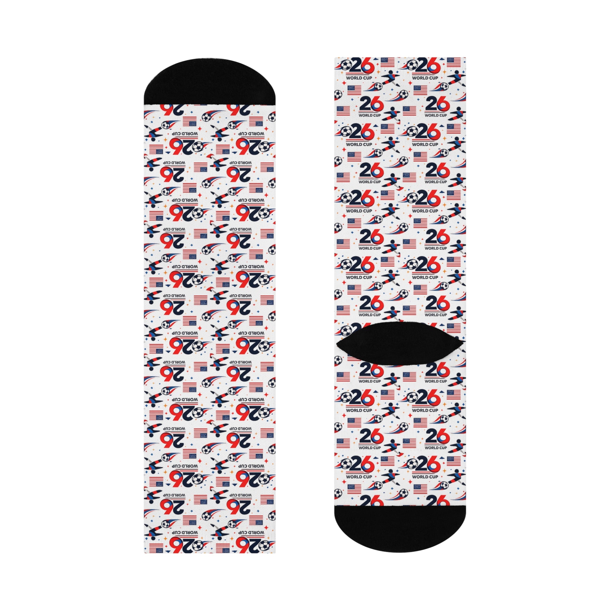 Graphic soccer themed crew socks pair with black heel and toe contrast